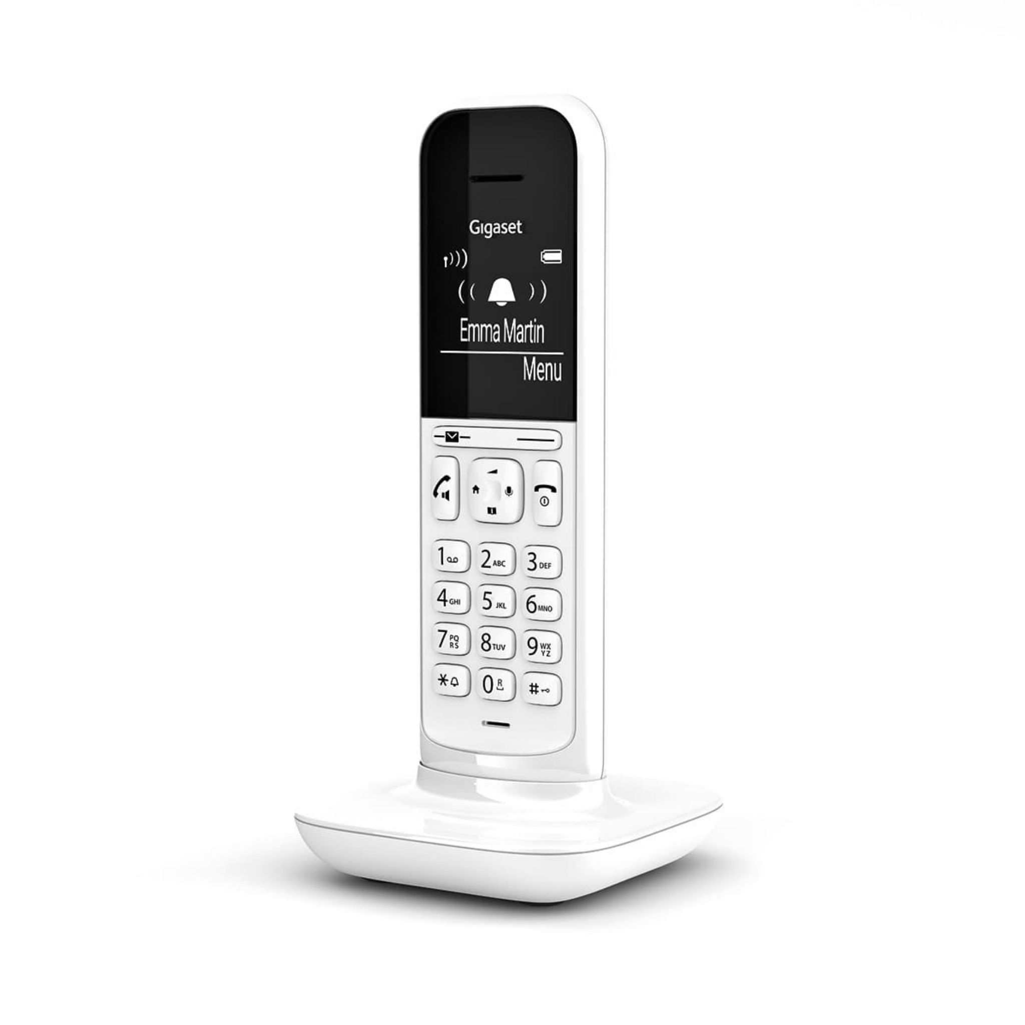 Teléfono inalámbrico blanco y base. Pantalla y botones. Fondo blanco.