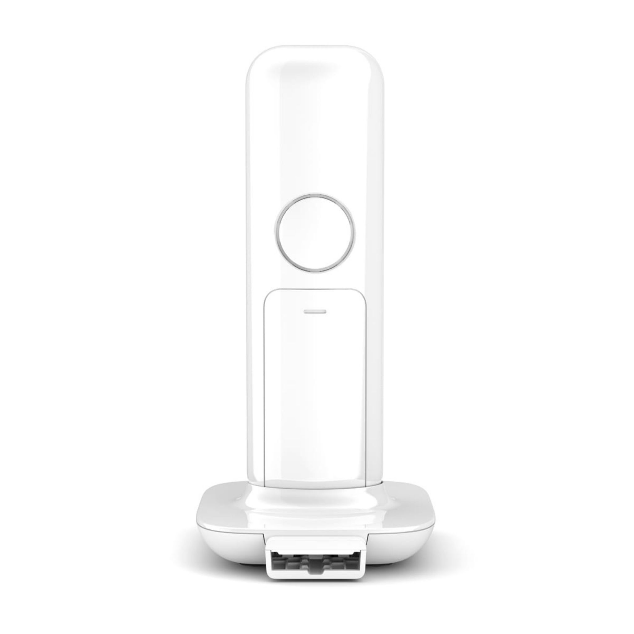 Teléfono inalámbrico blanco sobre fondo blanco, con un botón circular.