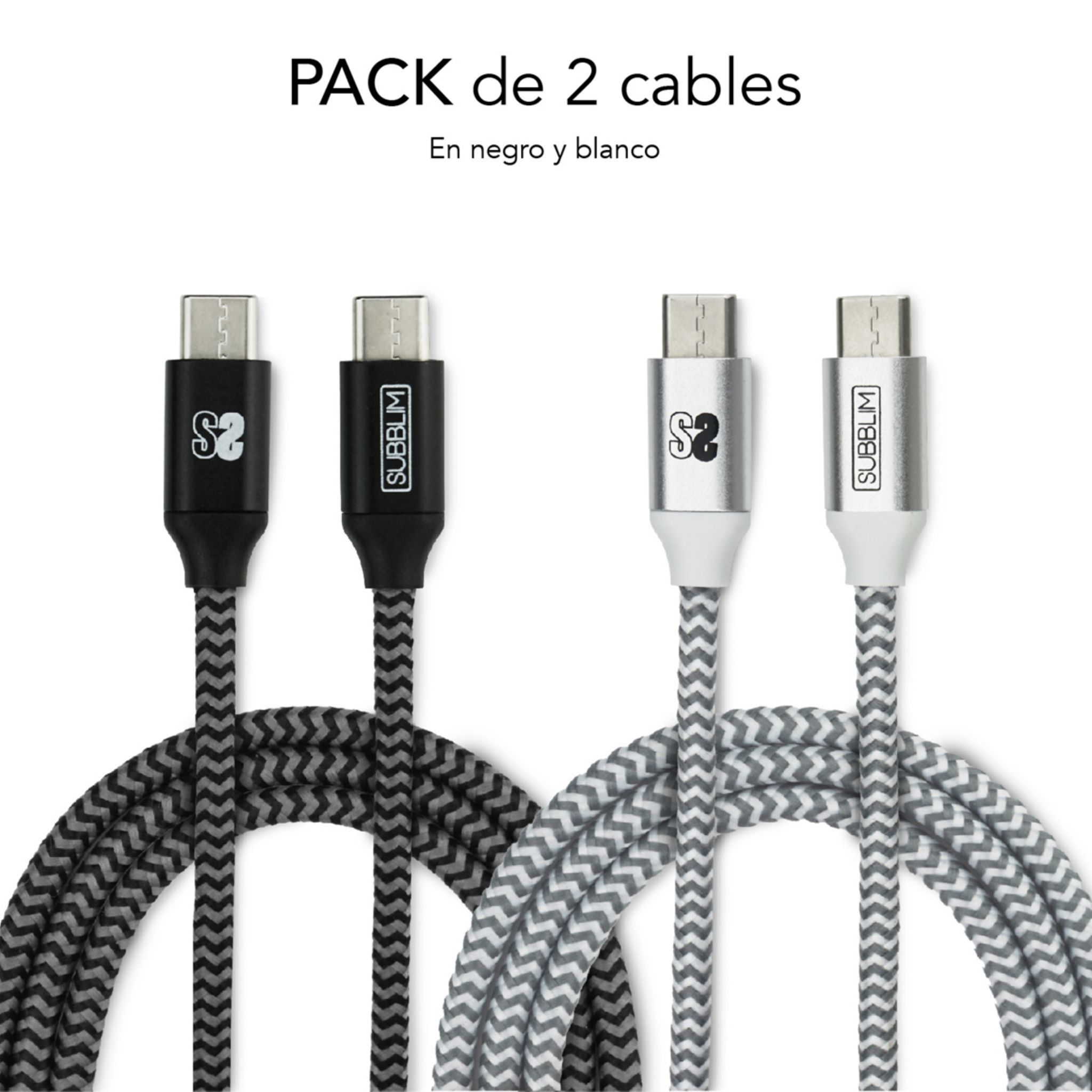 Dos cables USB-C, negro y gris, diseño trenzado, sobre fondo blanco. Texto: Pack de 2 cables.
