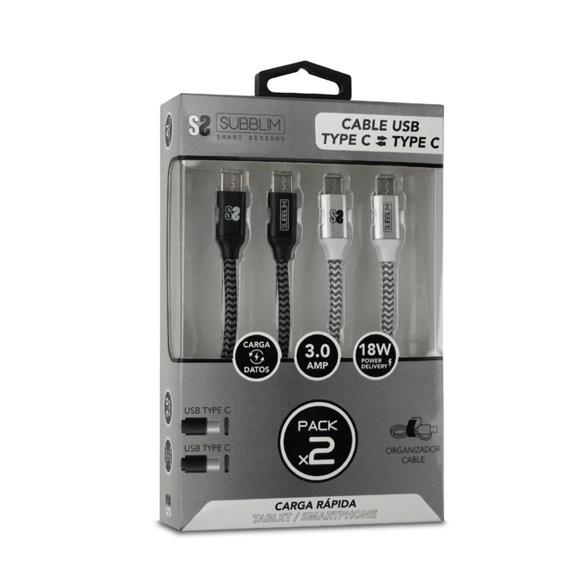 Cables USB en un paquete. Negro y plata. Fondo blanco.
