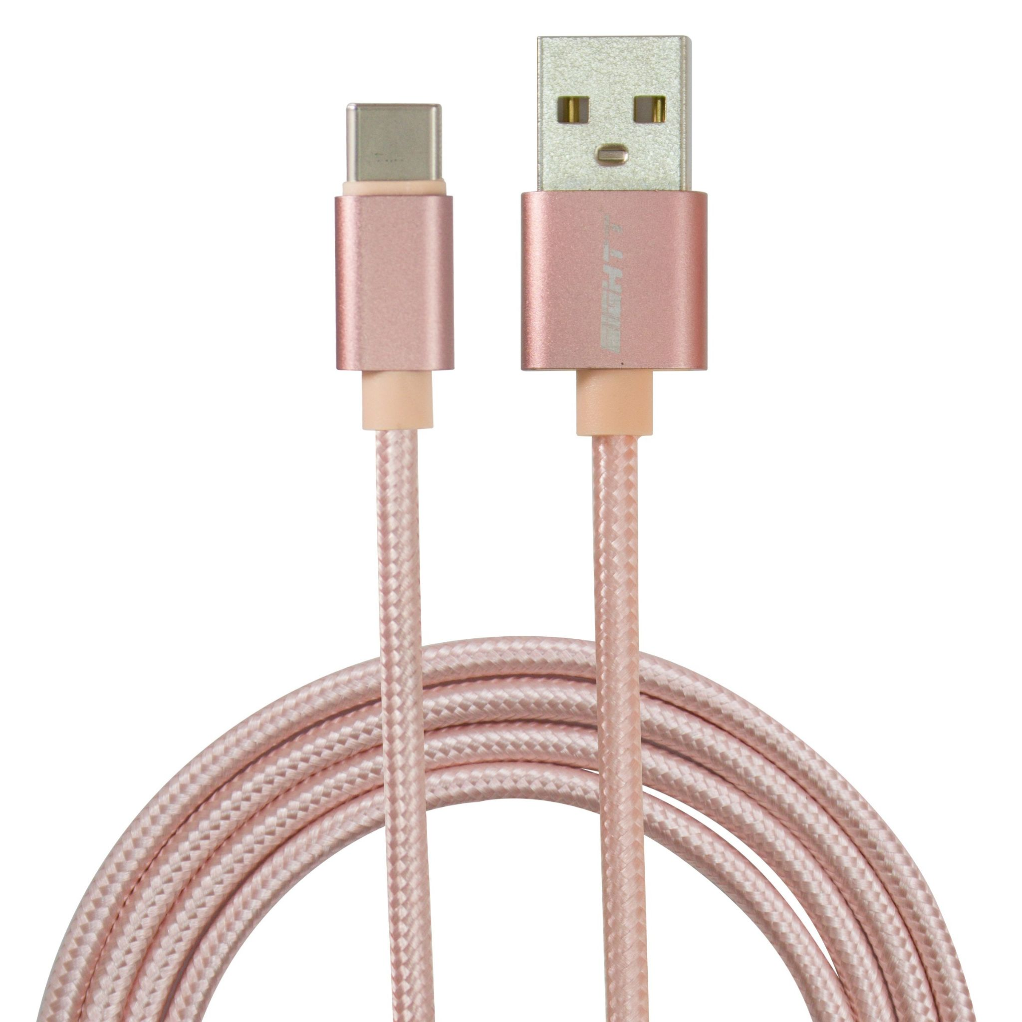 Cavo da USB-C a USB color oro rosa. Sfondo bianco.