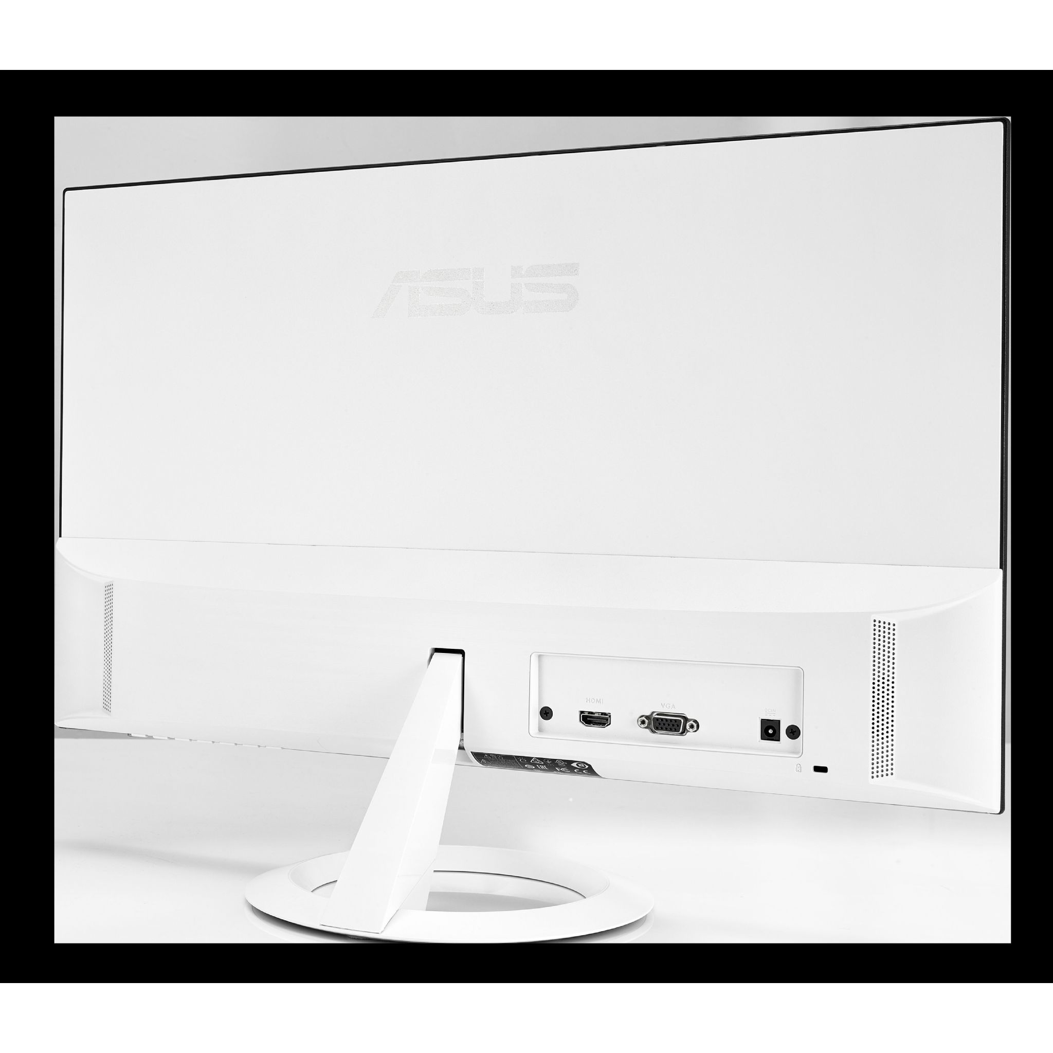 Retro di monitor bianco, con porte e logo ASUS.