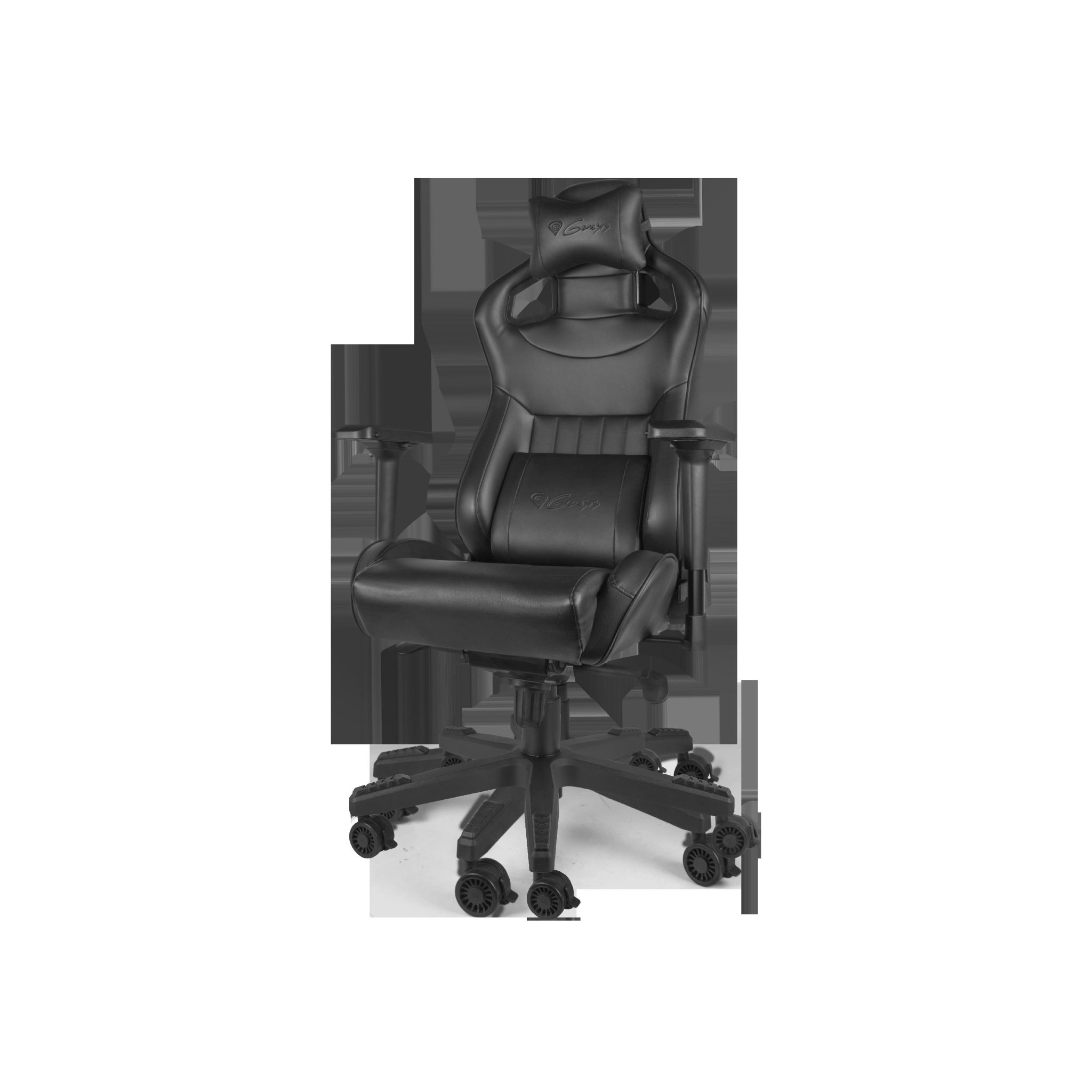 Silla gaming negra. Reposacabezas, apoyabrazos, ruedas y respaldo visibles.