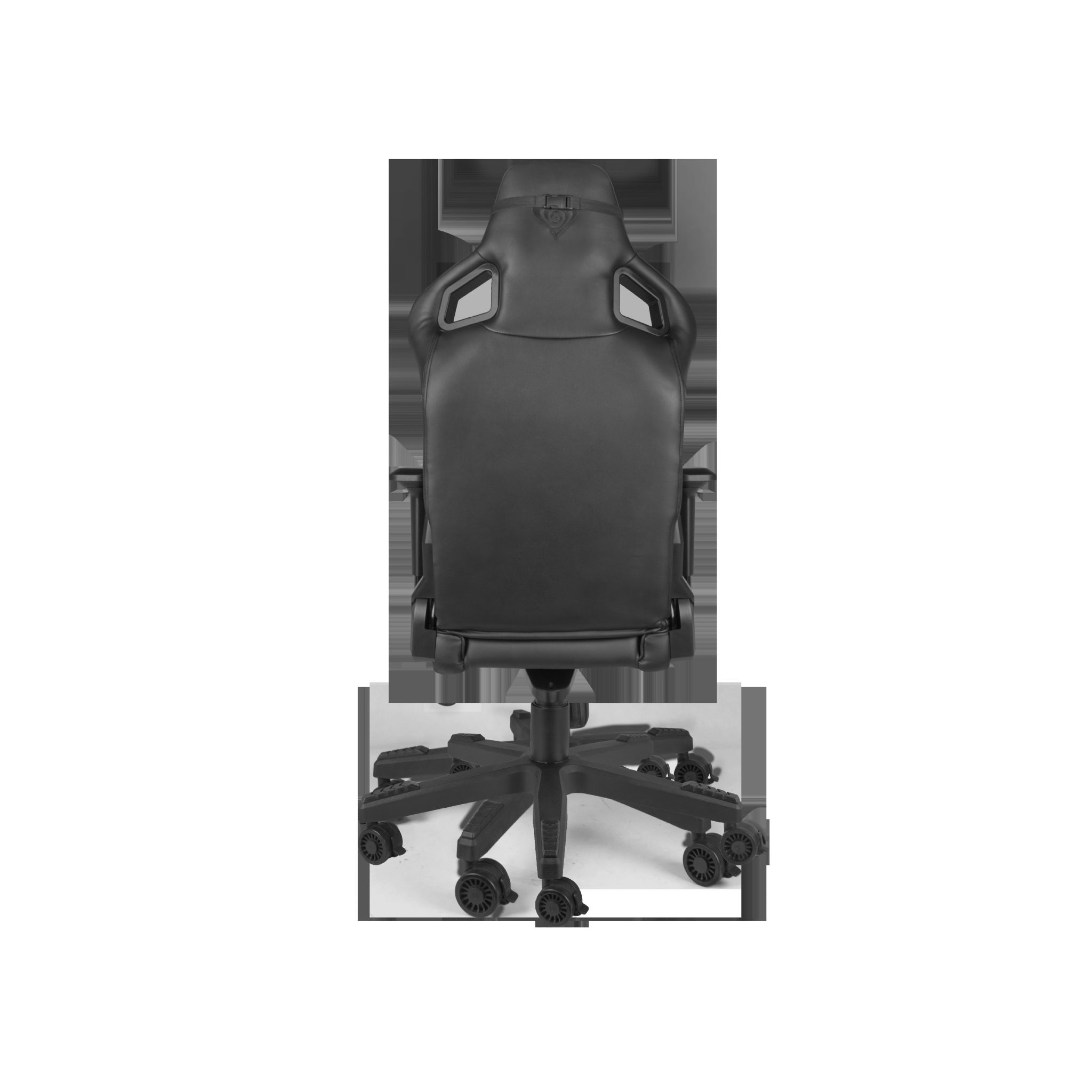 Silla gaming negra, vista trasera. Base negra con ruedas. Reposacabezas y soporte lumbar.
