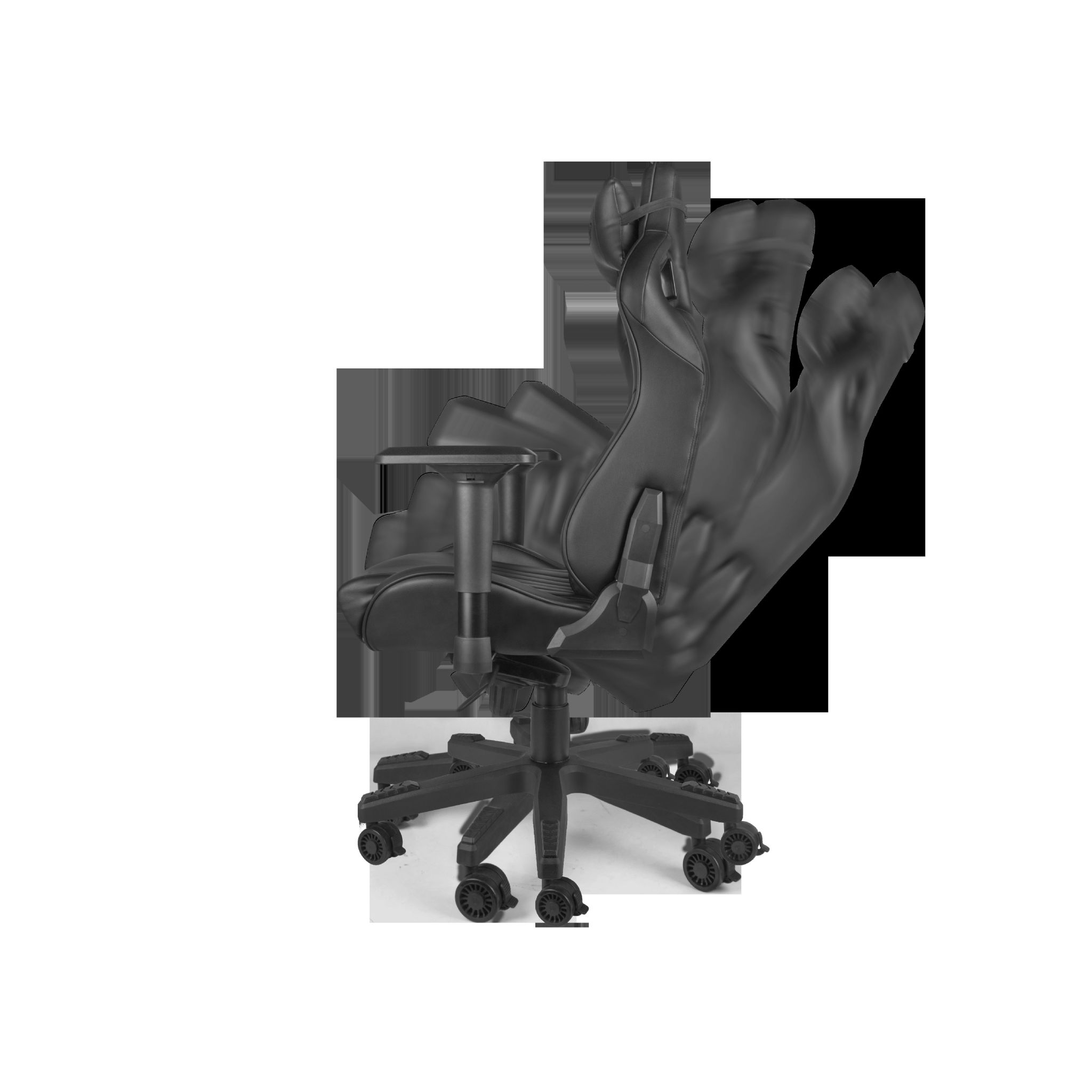 Silla gaming negra, vista trasera. Tiene una base de cinco estrellas y un respaldo alto.