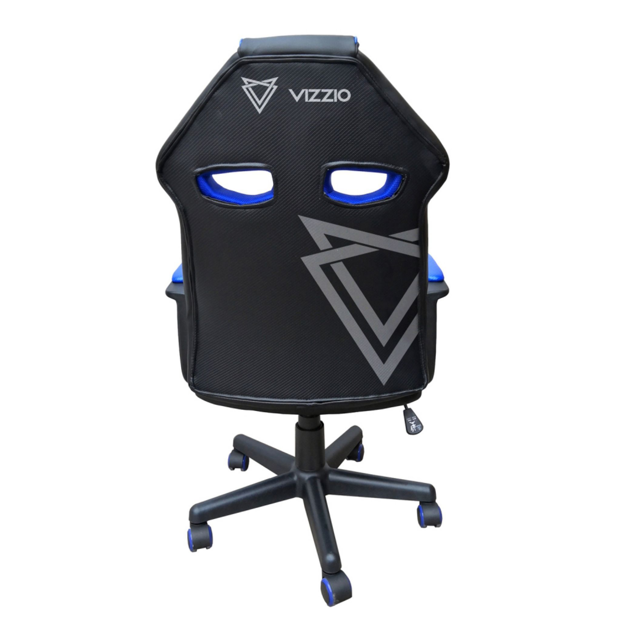 Silla gaming, vista trasera, negro con detalles azules y el logo Vizzio. Fondo blanco.