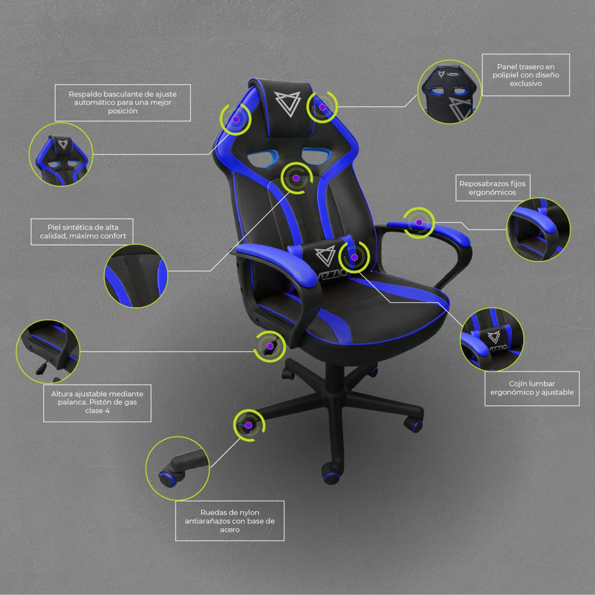 Silla gaming con diseño negro y azul, varias características etiquetadas en español.