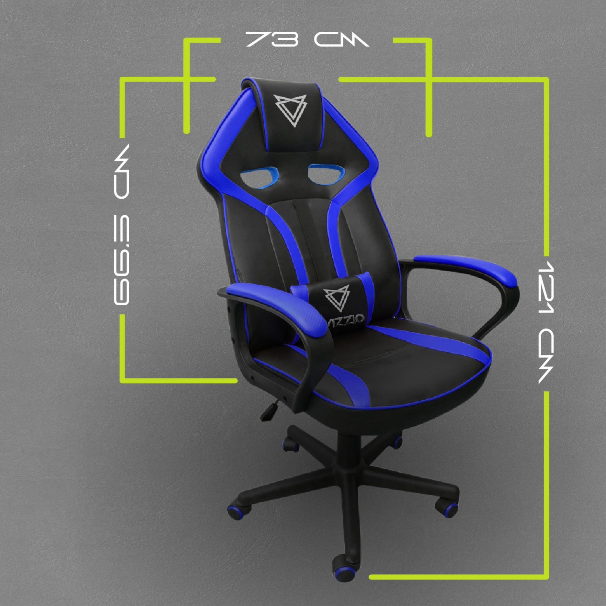 Silla gaming con detalles negros y azules. Reposacabezas, reposabrazos y base con ruedas.