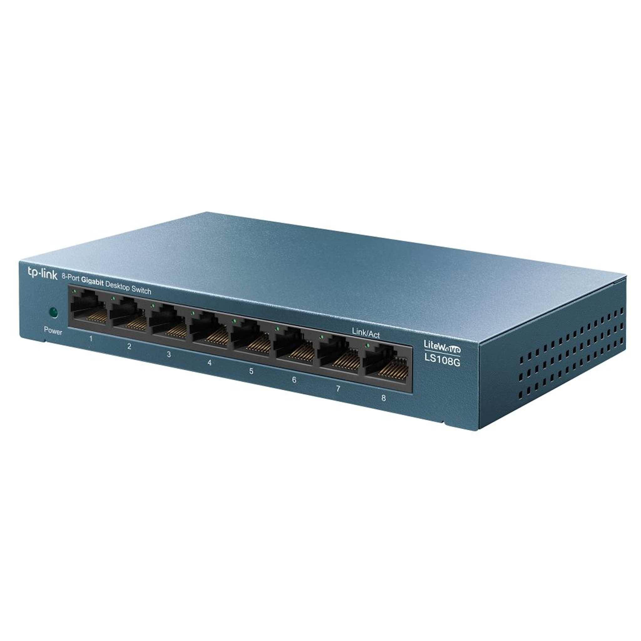 Niebieski przełącznik Gigabit 8-portowy TP-Link z portami i wskaźnikami.