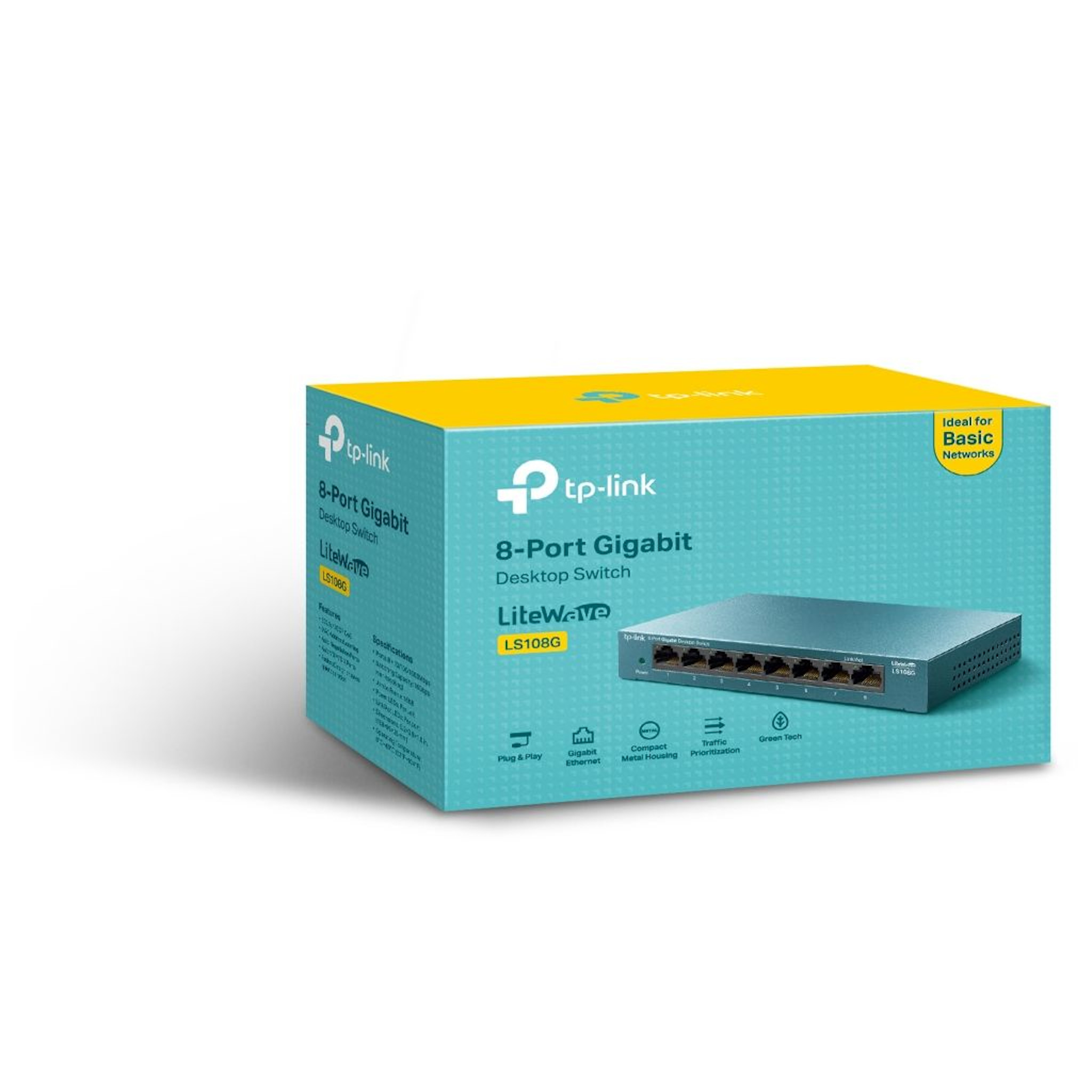 Pudełko TP-Link 8-Port Gigabit Desktop Switch ze zdjęciem przełącznika i powiązanymi ikonami.