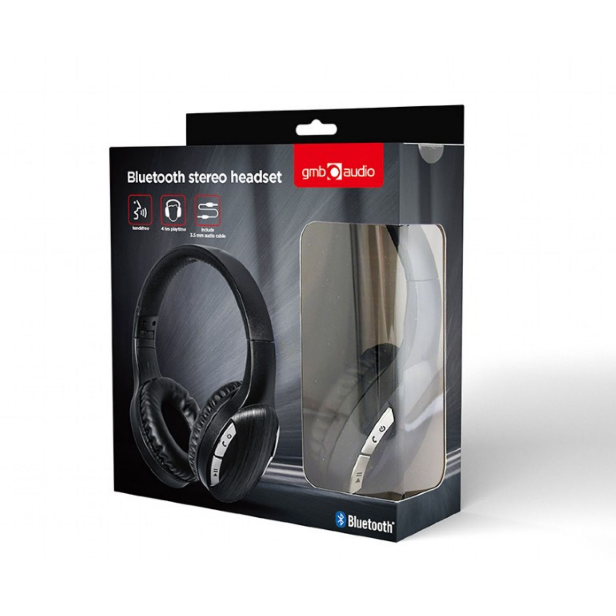 Pudełko słuchawek stereo Bluetooth. Słuchawki w pudełku. Czarne słuchawki z białymi przyciskami.