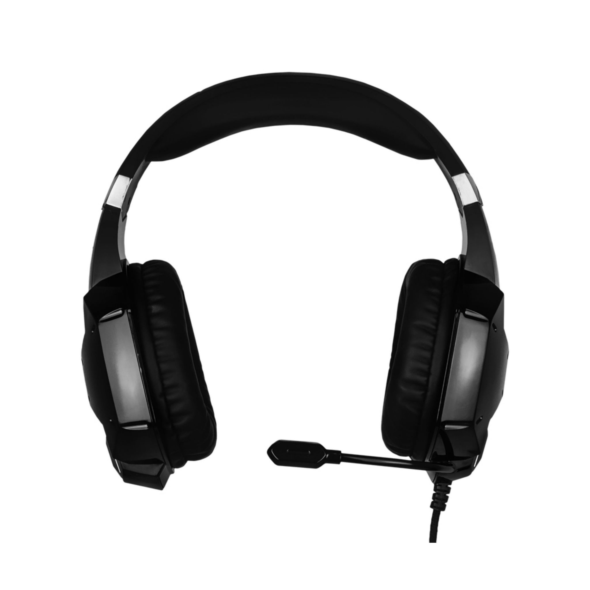 Auriculares gaming negros con micrófono, sobre fondo blanco.