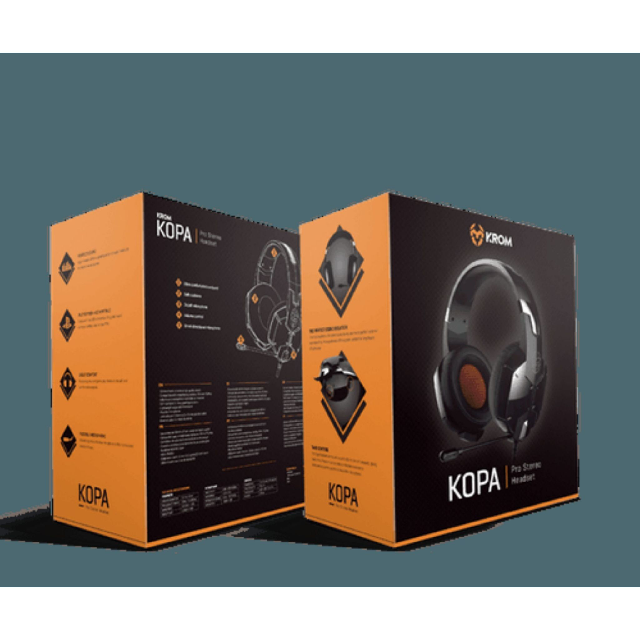Dos cajas de auriculares estéreo KROM KOPA Pro. Una muestra los auriculares, la otra destaca las funciones.