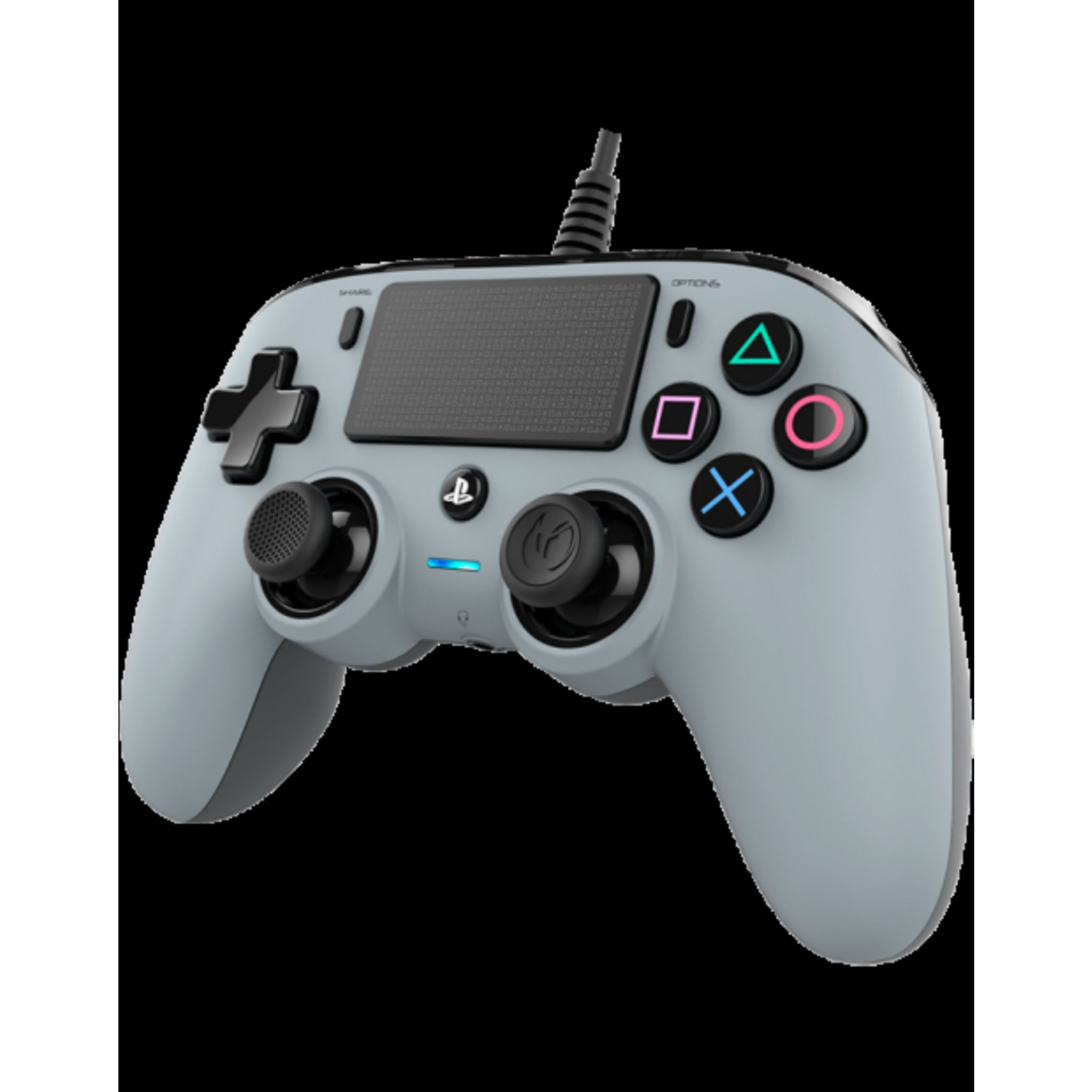 Szary kontroler Playstation. Czarne przyciski, joysticki i kabel.