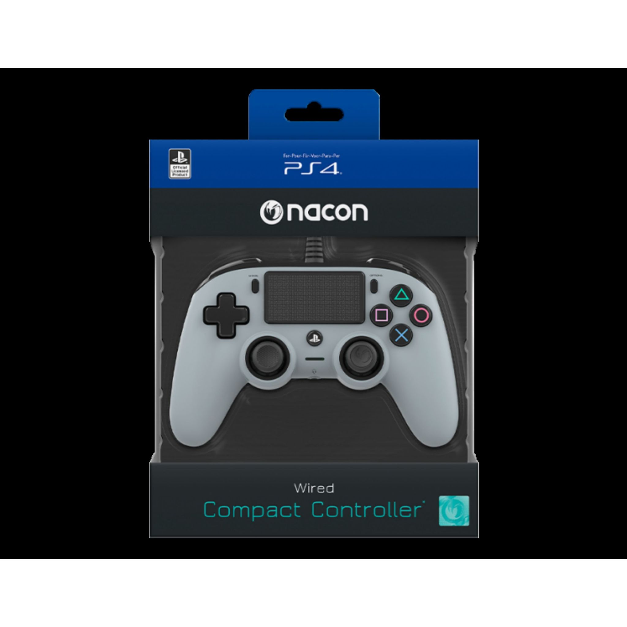 Biało-szary kontroler przewodowy do PS4. Kontroler znajduje się w pudełku.