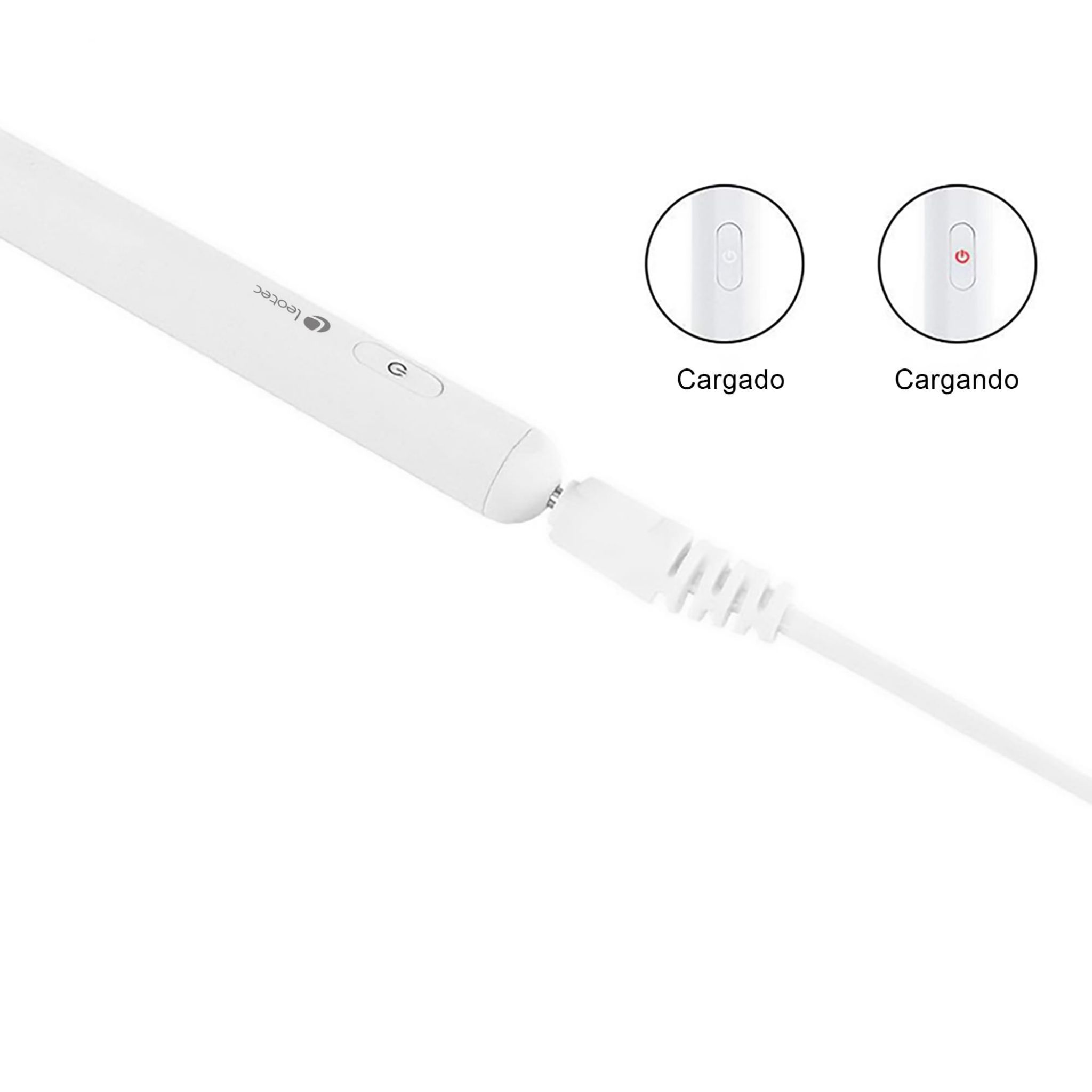 Białe pióro Leotec z podłączonym kablem ładującym. Tekst wskazuje stan ładowania: Cargado/Cargando.