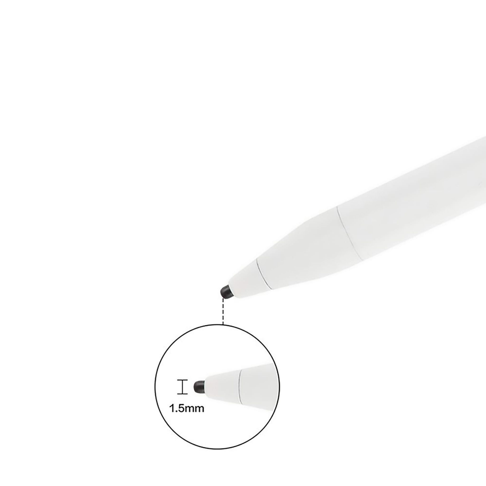 Zbliżenie białej końcówki długopisu z czarnym punktem tuszu o średnicy 1,5 mm. Białe tło.