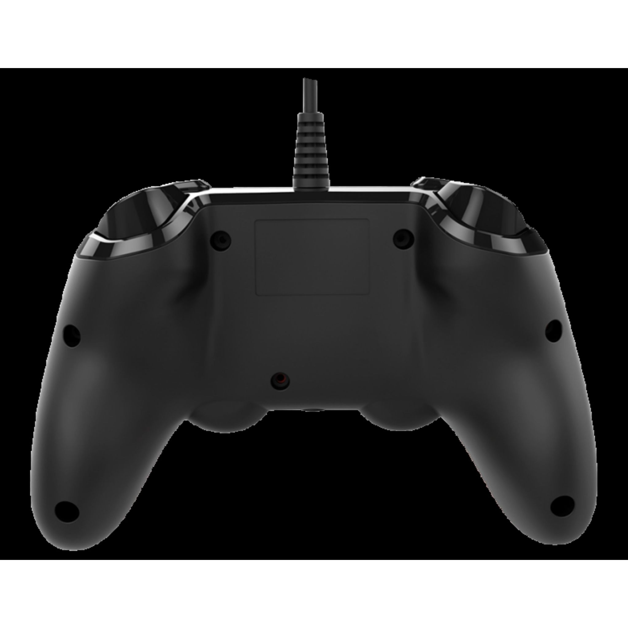 Tył czarnego kontrolera do gier z przyciskami i podłączonym kablem.