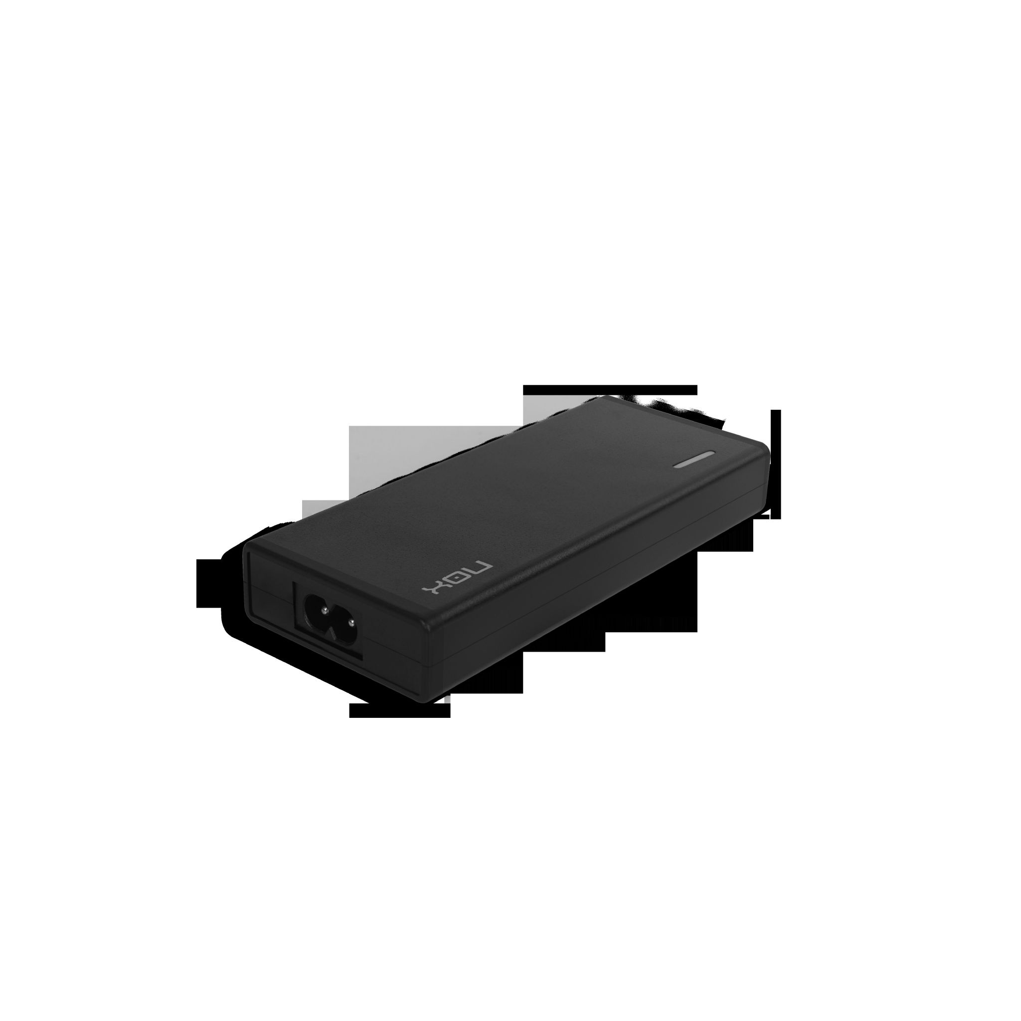 Adaptador de corriente rectangular negro con 'Holi' escrito.