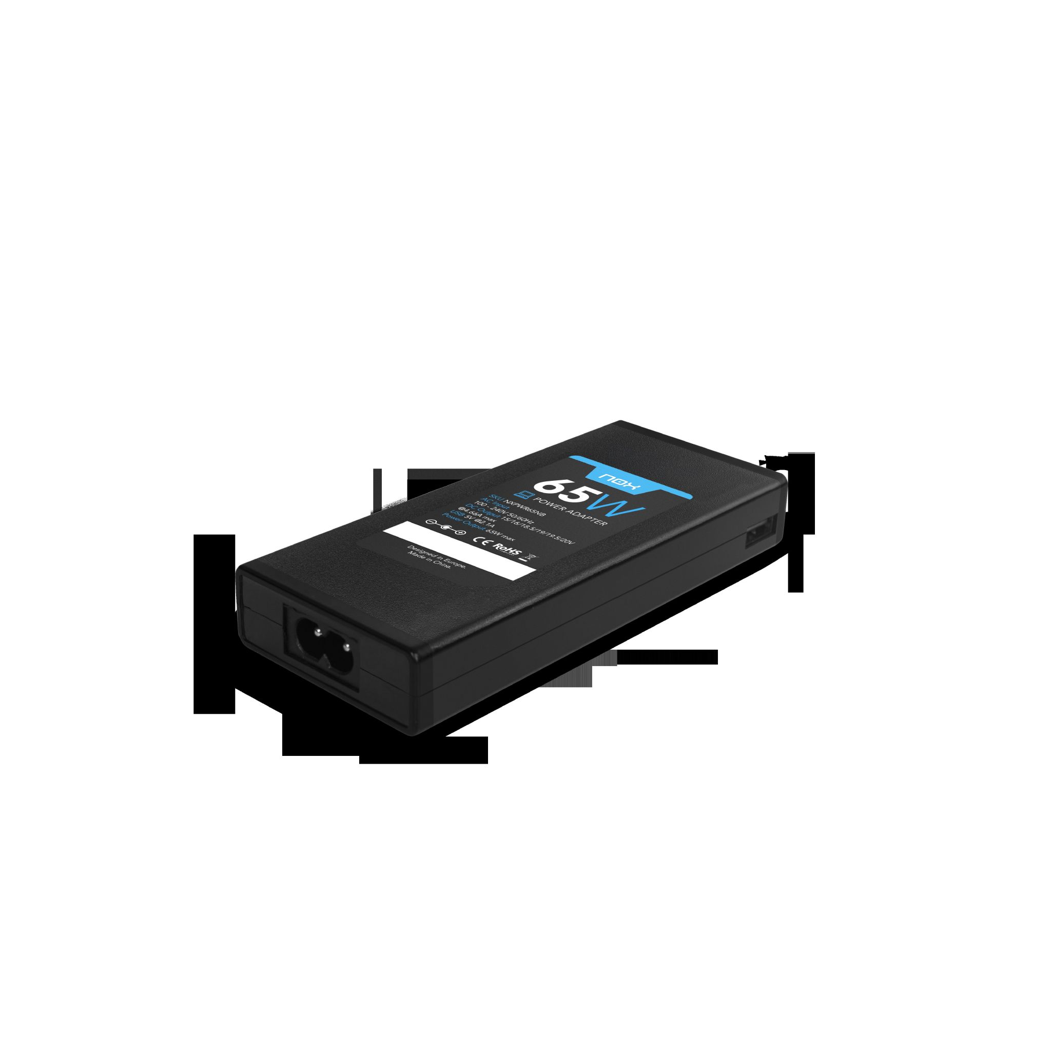 Un adaptador de corriente negro de 65W. Es rectangular con un enchufe en un lado.