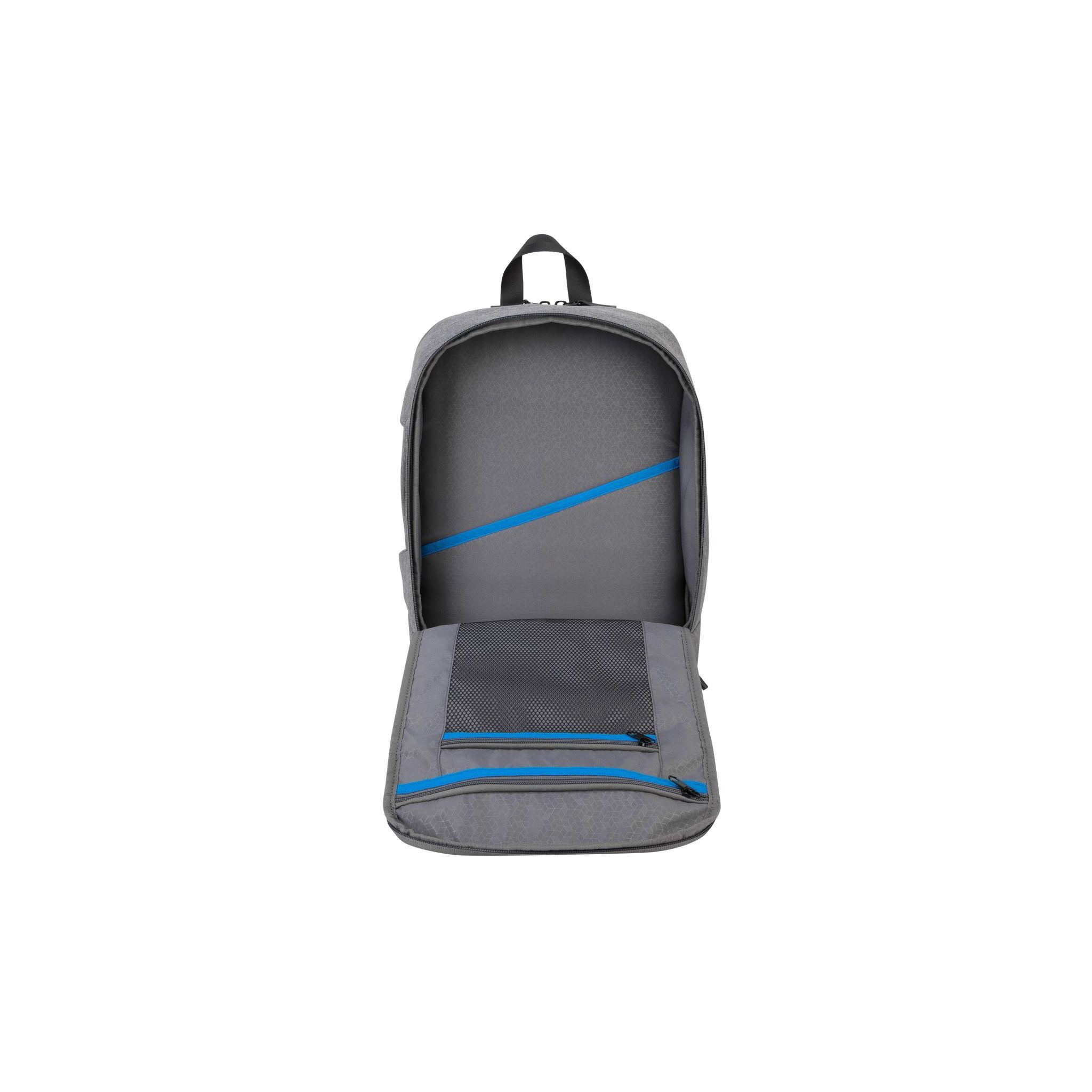 Zaino grigio per laptop, aperto, con fodera blu. Sfondo bianco.