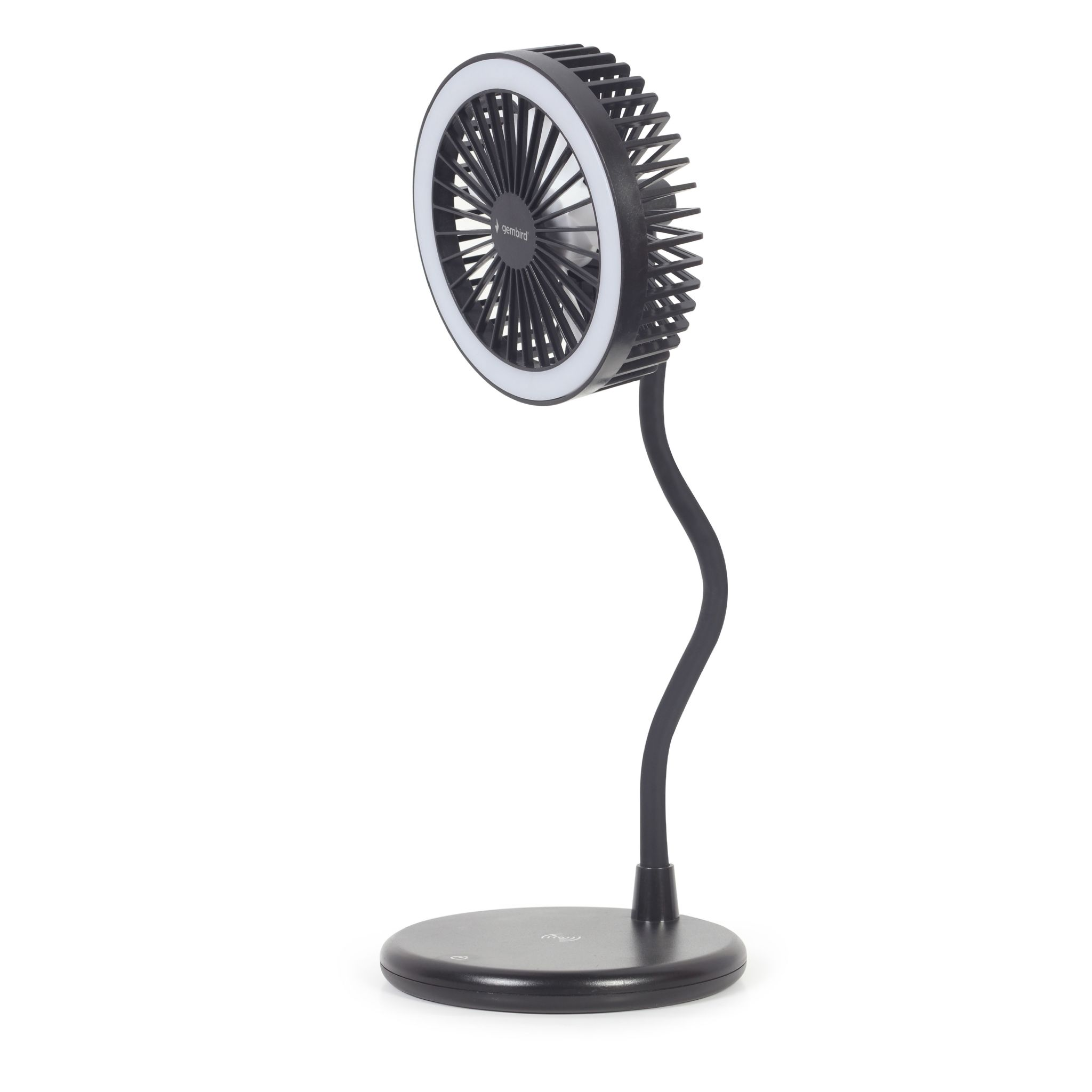 Un ventilatore da scrivania nero con una luce ad anello. Ha un collo flessibile e una base rotonda.