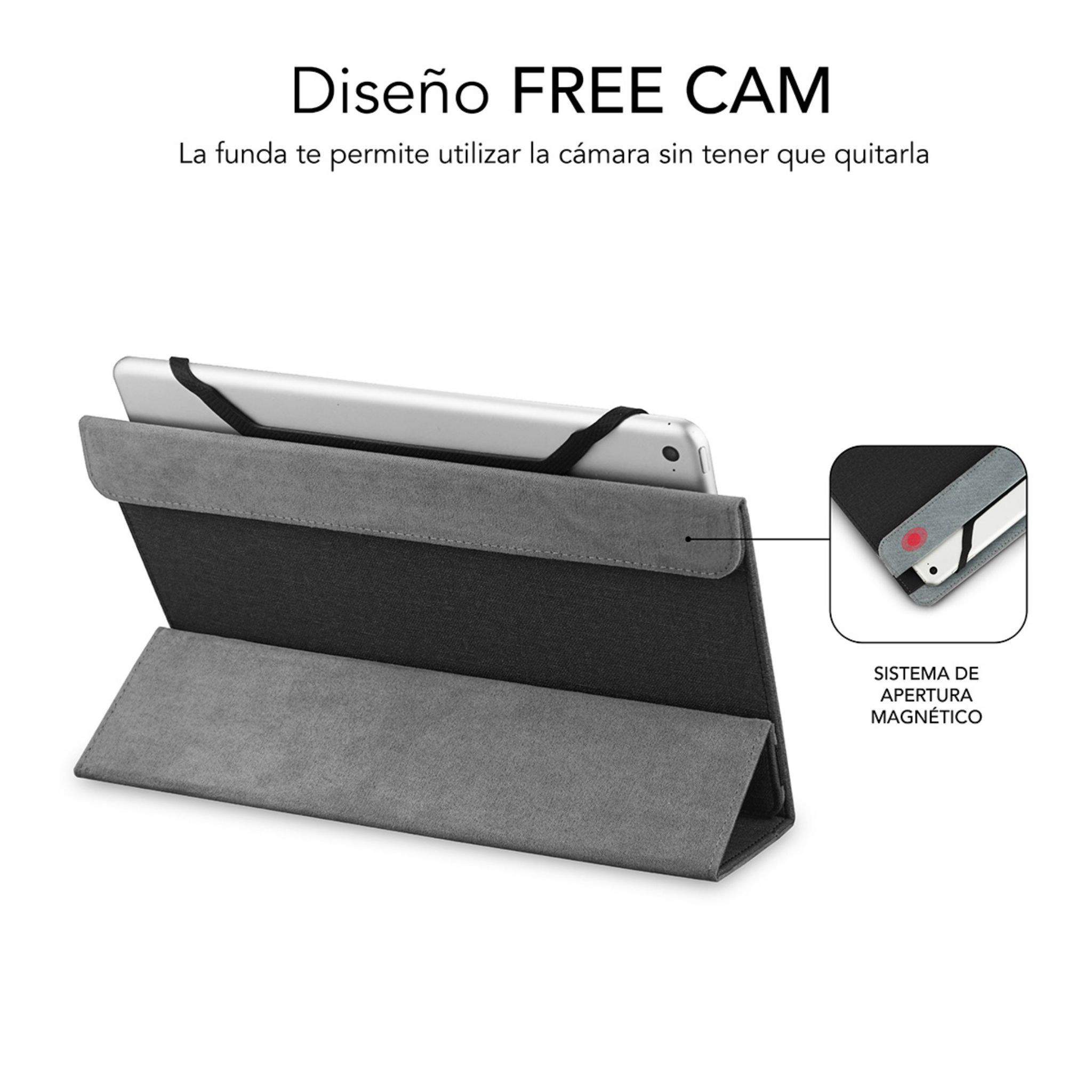 Funda gris para tableta con tableta dentro y texto sobre la apertura de la cámara.