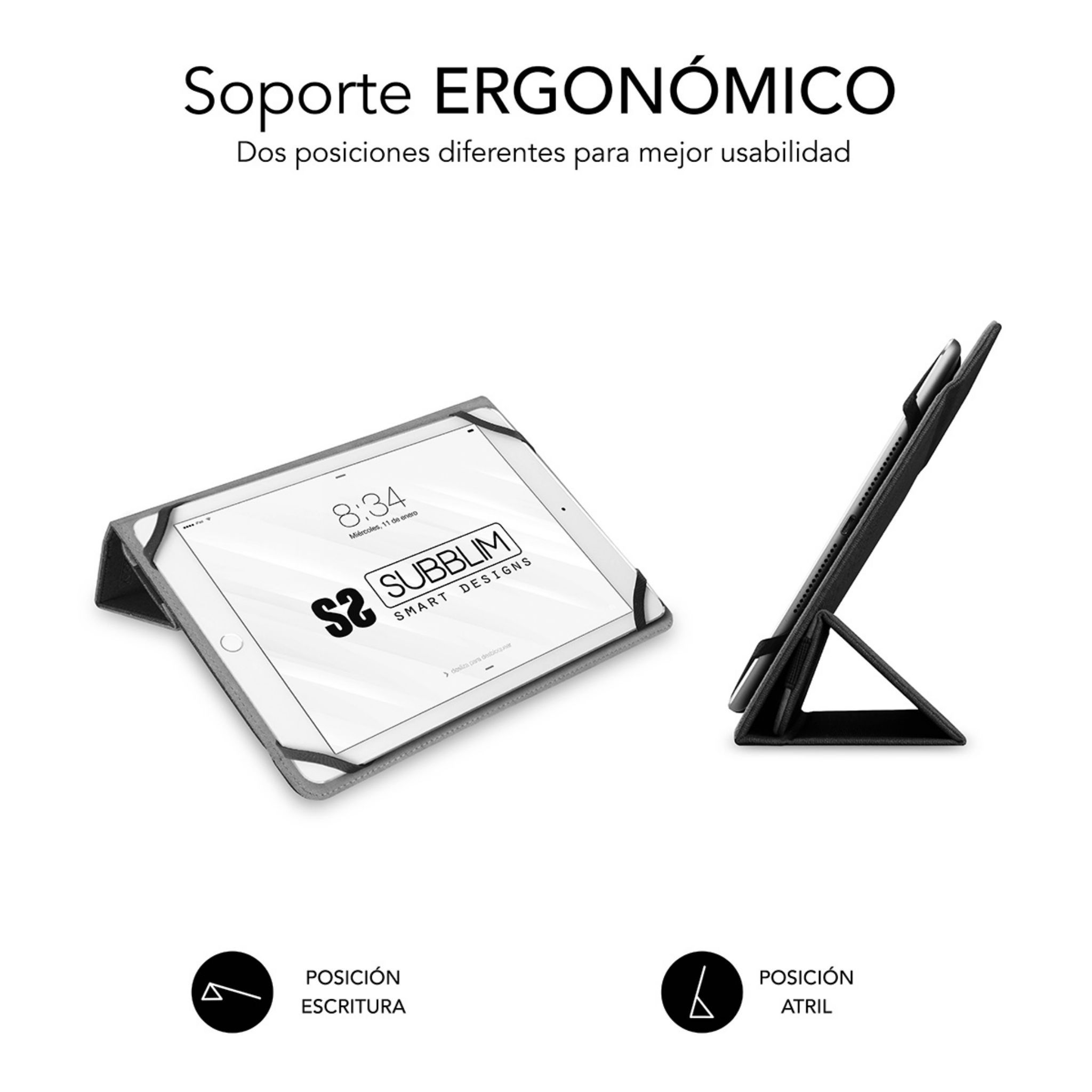 Funda para tablet en dos posiciones: escritura y atril. Gris y negro con logo Subblim.