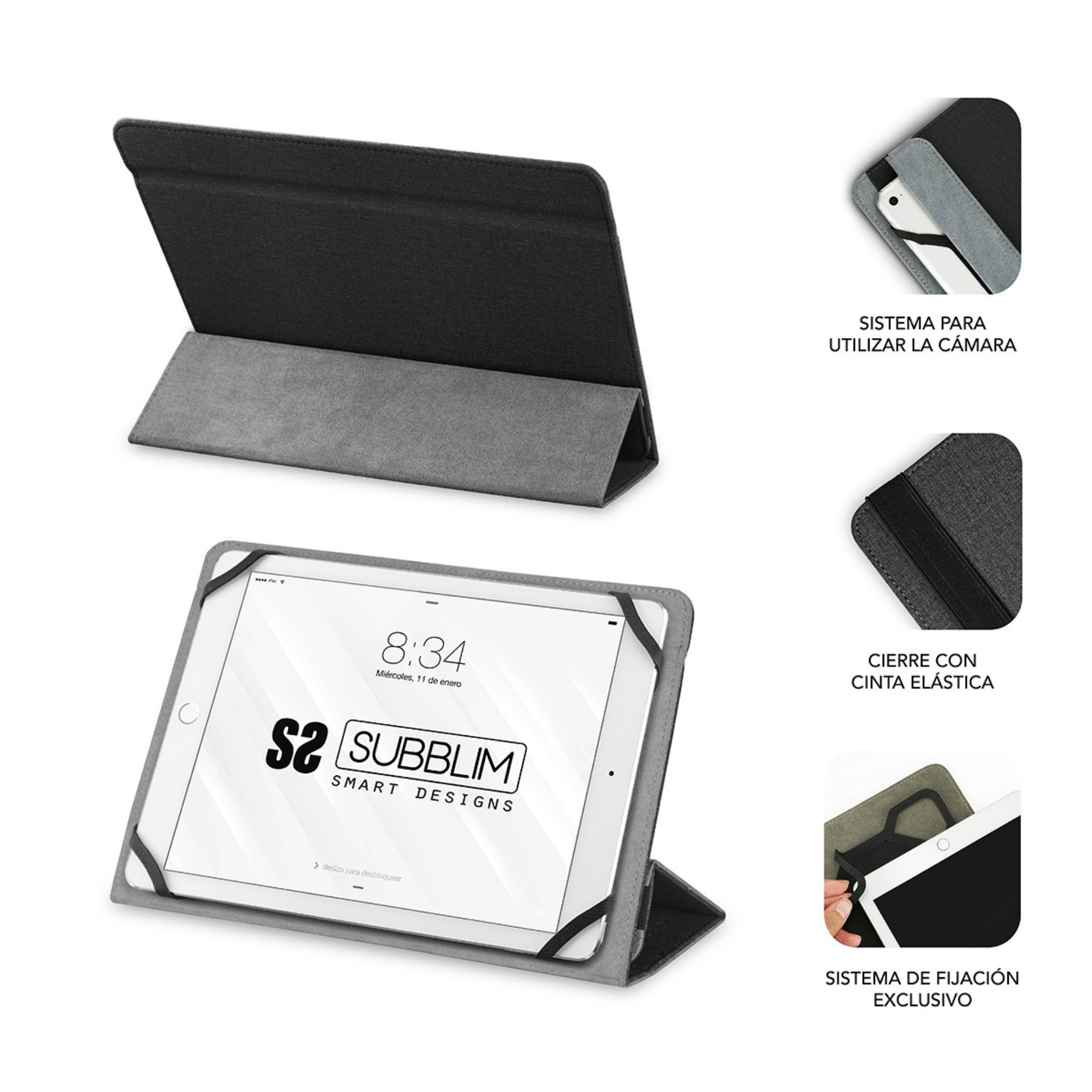 Una tableta en una funda gris. Muestra diferentes funciones y está sobre un fondo blanco.
