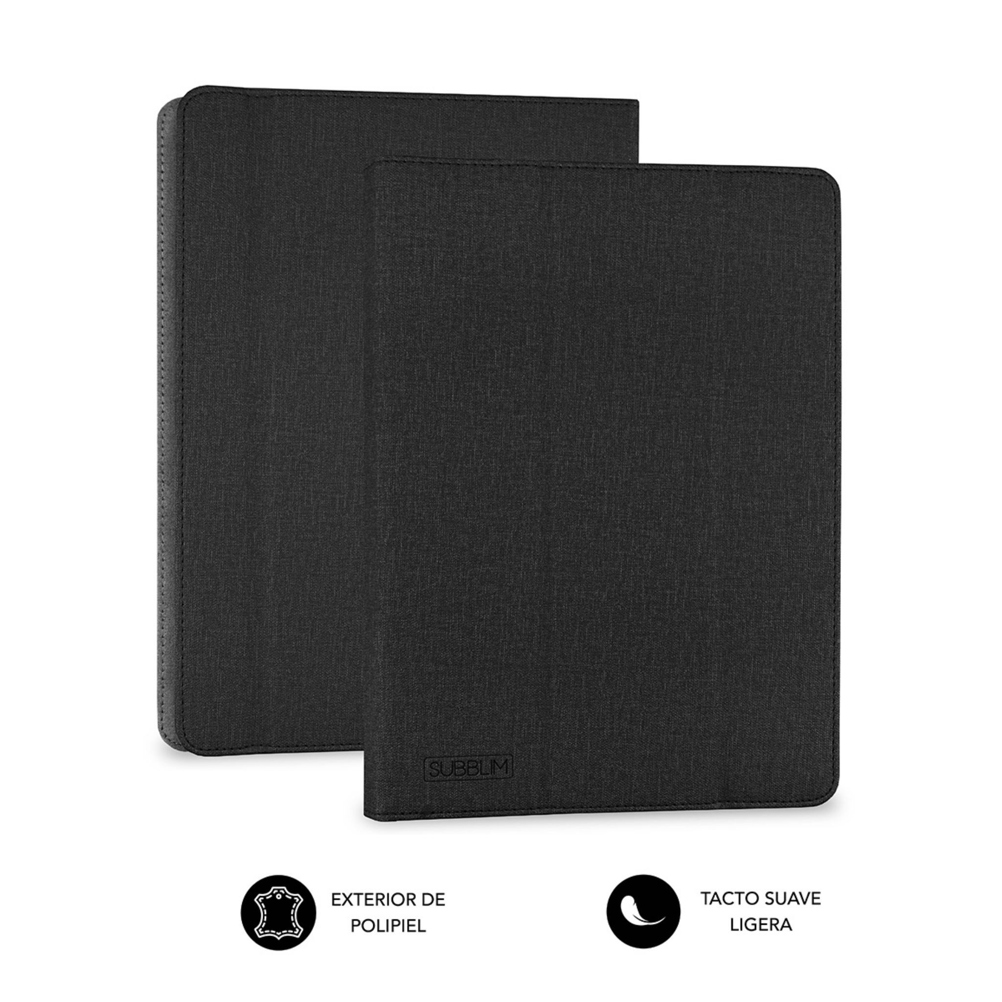 Dos fundas negras para tablet, una ligeramente angulada, con iconos descriptivos.