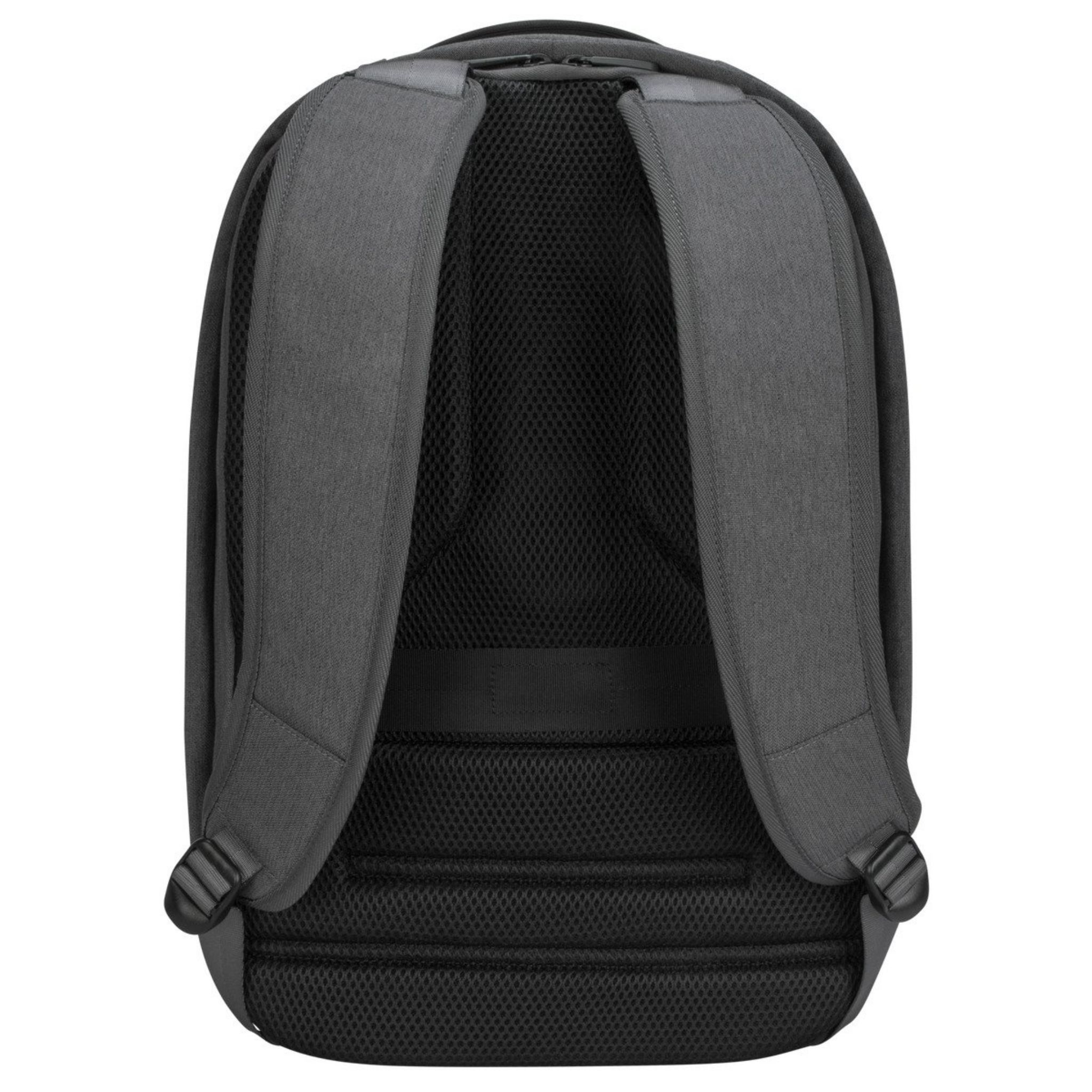 Ein grauer Rucksack mit schwarzem Mesh auf der Rückseite und Schultergurten. Die Träger sind verstellbar.