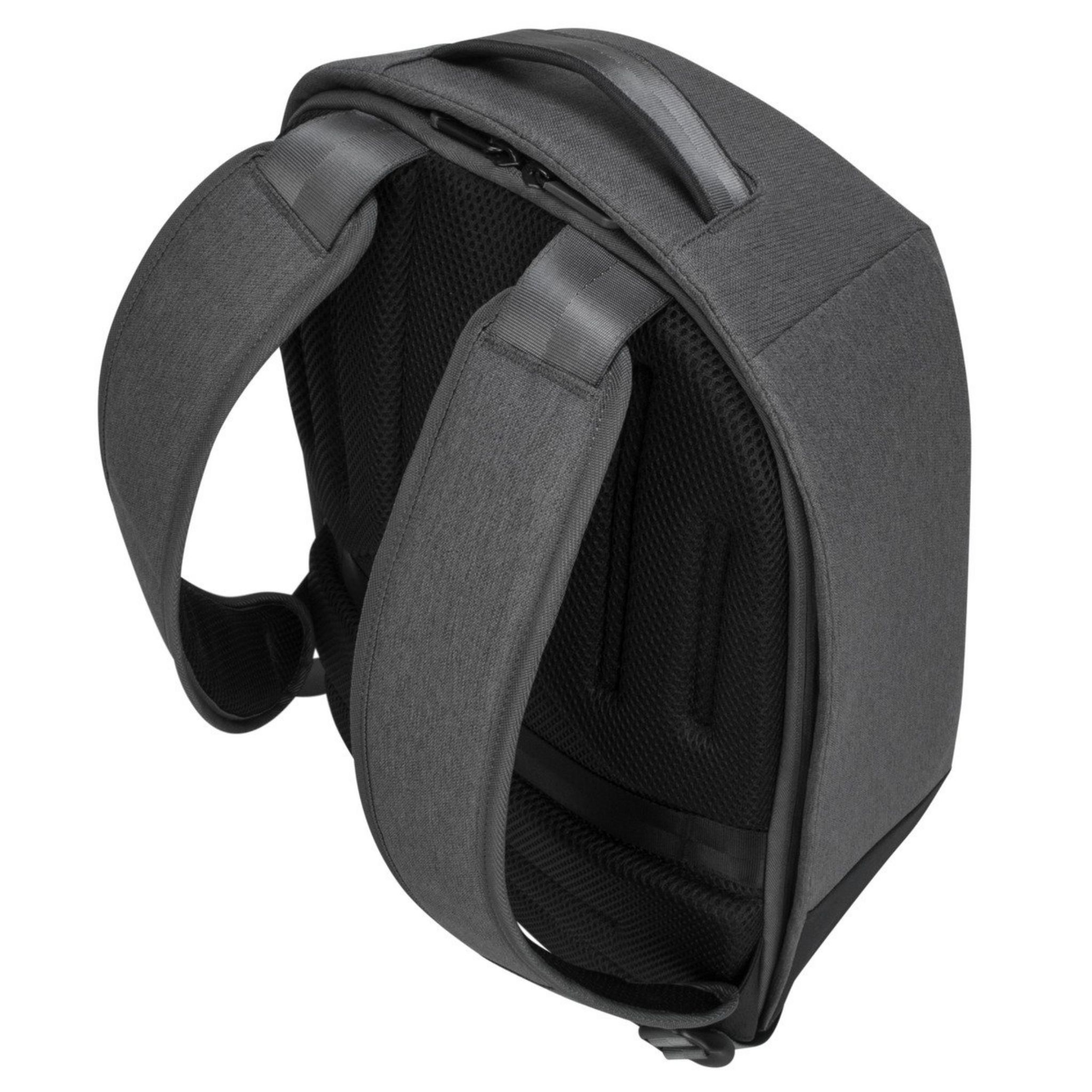 Rucksack, grau, auf weißem Hintergrund. Die Schultergurte sind sichtbar.