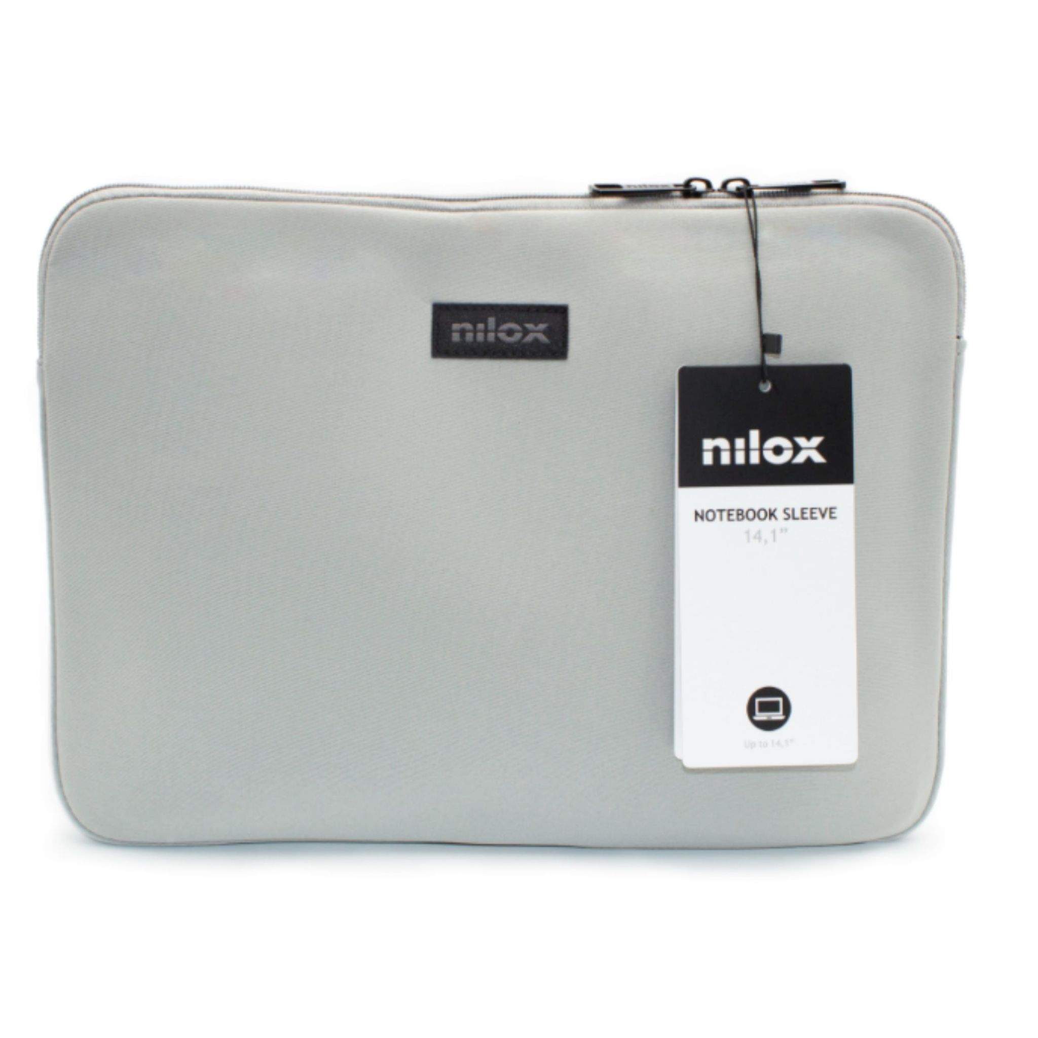 Custodia per notebook Nilox grigia con etichetta. L'etichetta dice 'custodia per notebook 14,1"'.
