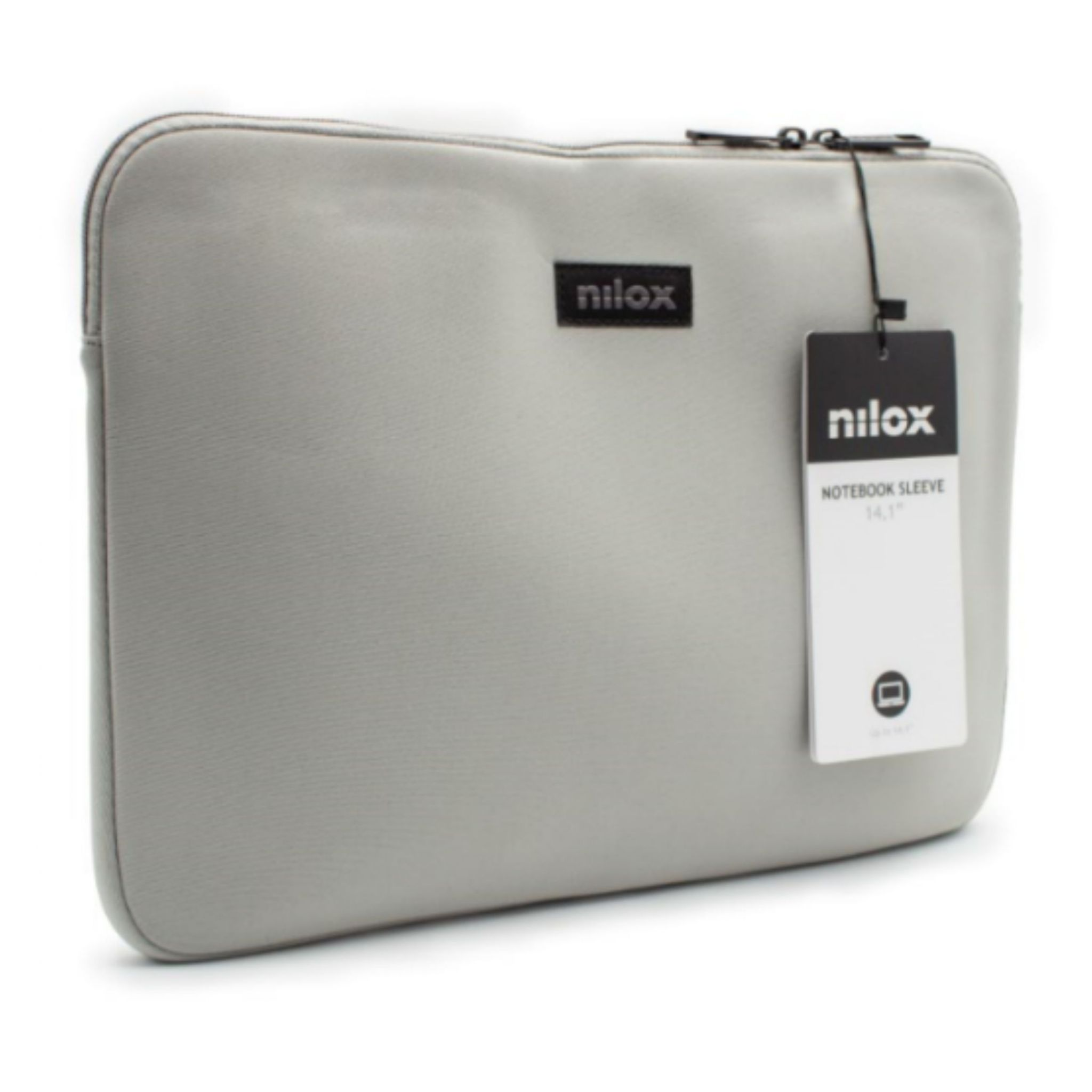 Custodia Nilox grigia per notebook. Ha un'etichetta con il nome Notebook sleeve.