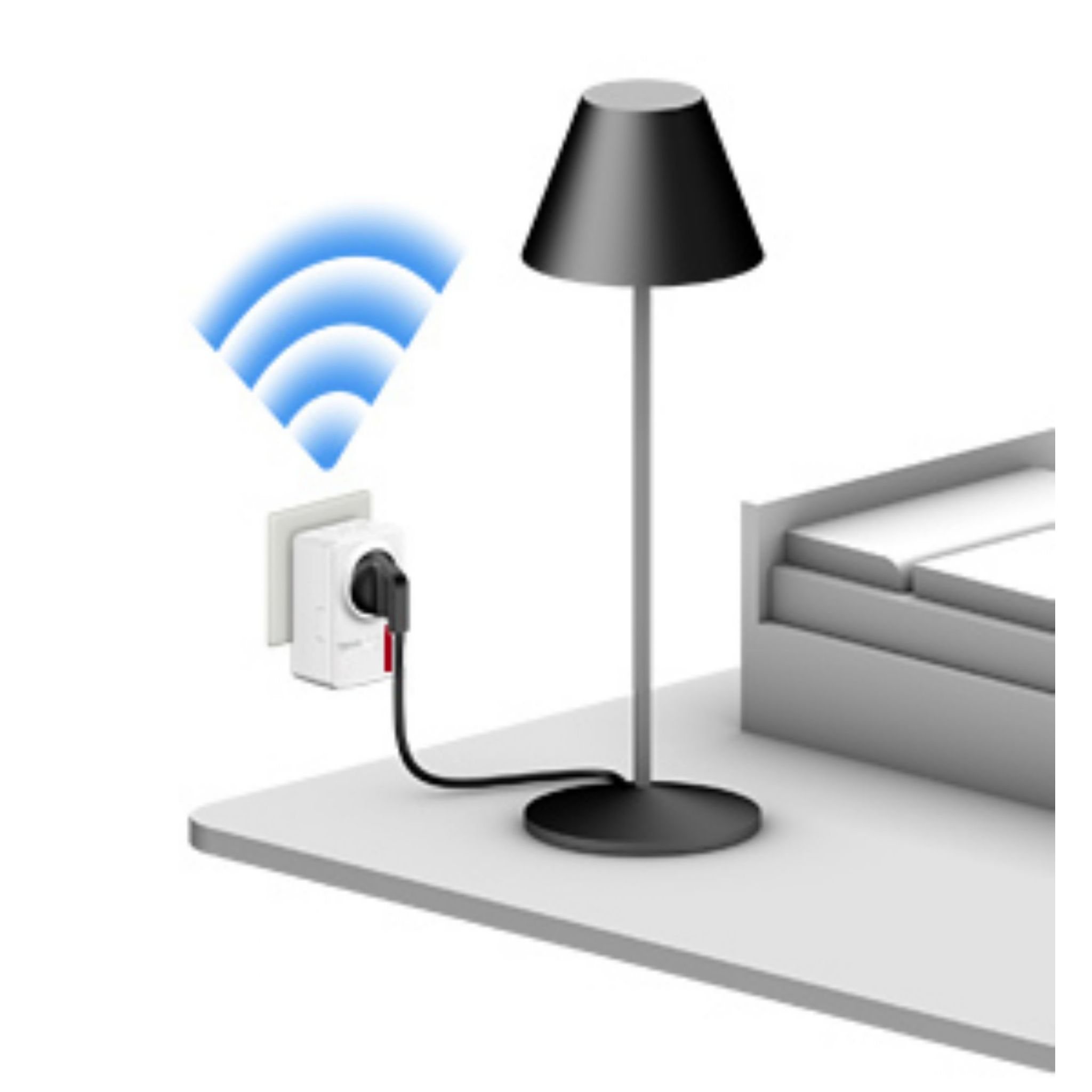 Un enchufe inteligente, una lámpara y una cama están sobre una mesa. El enchufe emite wifi.