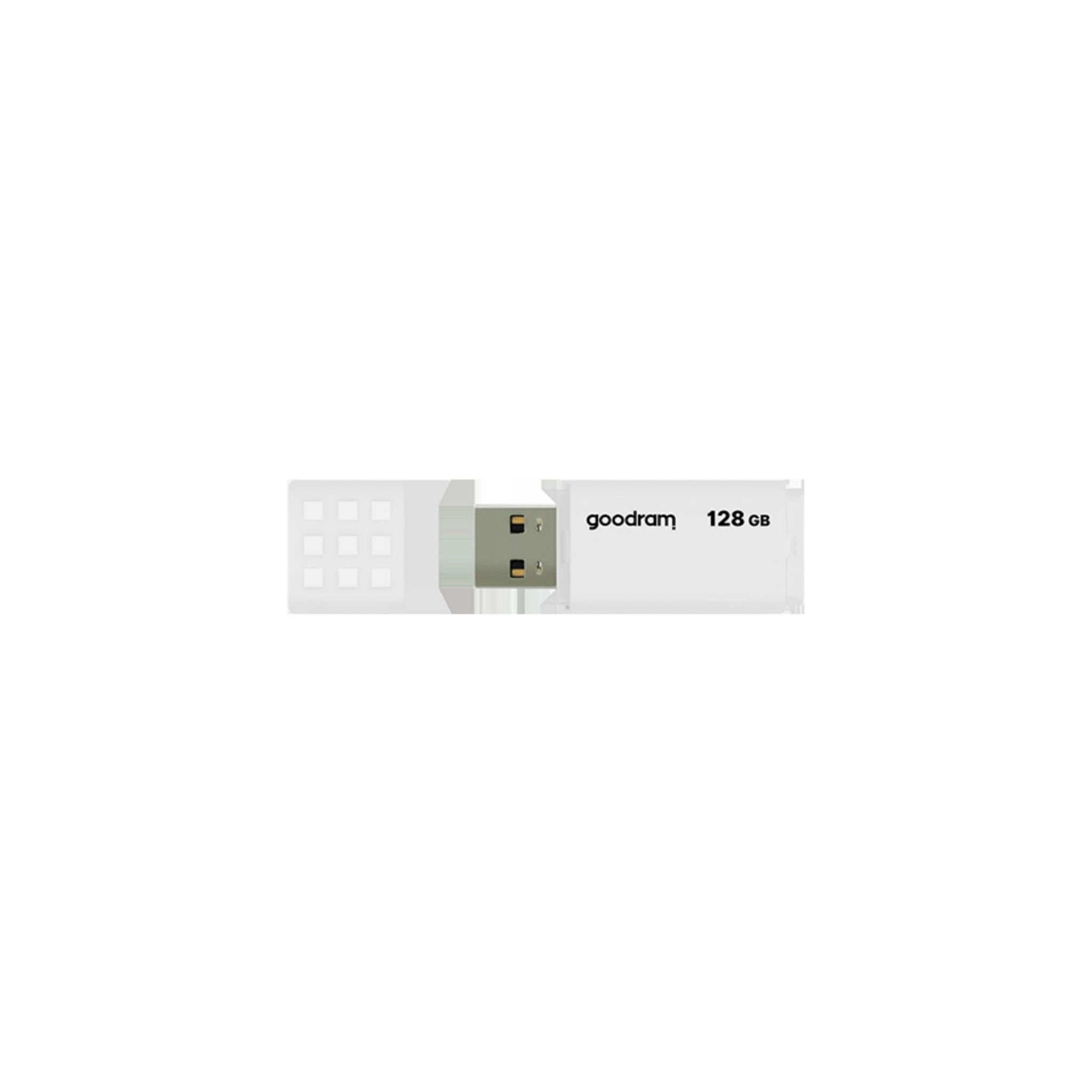 Una chiavetta USB bianca con l'etichetta 'goodram 128 GB' su sfondo bianco.