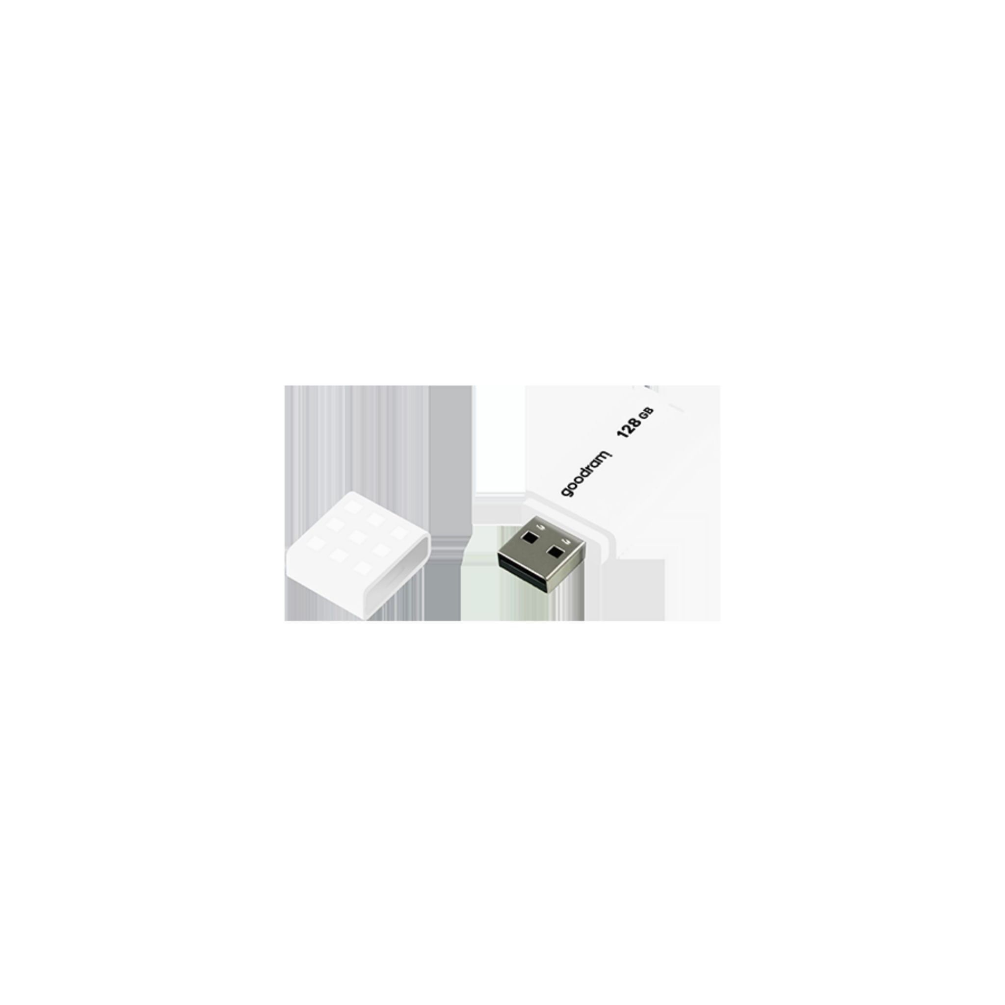 Un'unità flash USB bianca con un tappo bianco. L'unità dice 'goodram 128 GB'.