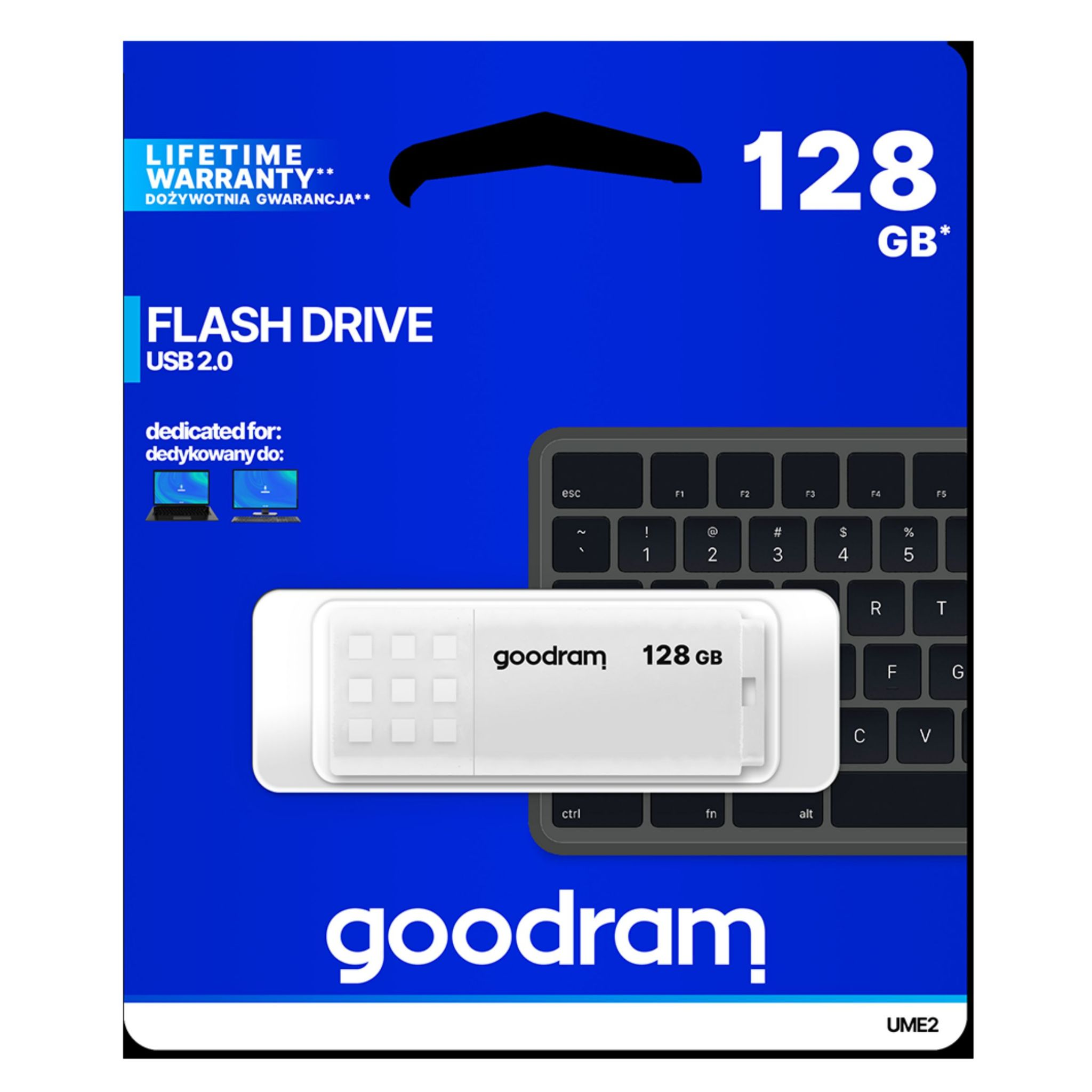 Confezione di chiavetta USB, goodram, 128 GB, con immagine di tastiera.