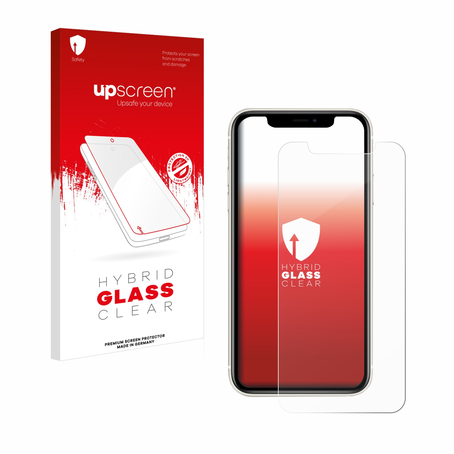 Ein Telefon mit Displayschutzfolie und eine Schachtel mit Displayschutzfolien mit der Aufschrift 'Hybrid Glass Clear'.