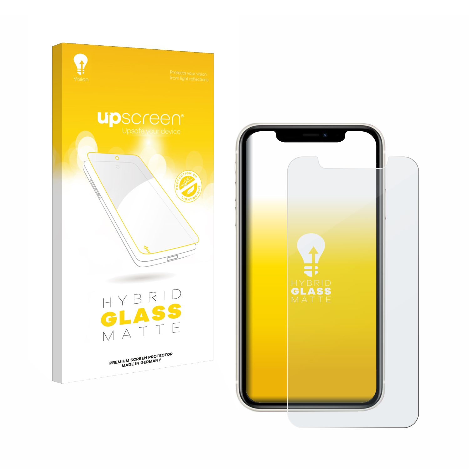 Box mit Upscreen Displayschutzfolie und einem Telefon mit angebrachter Displayschutzfolie. Die Box hat eine Telefon Grafik.
