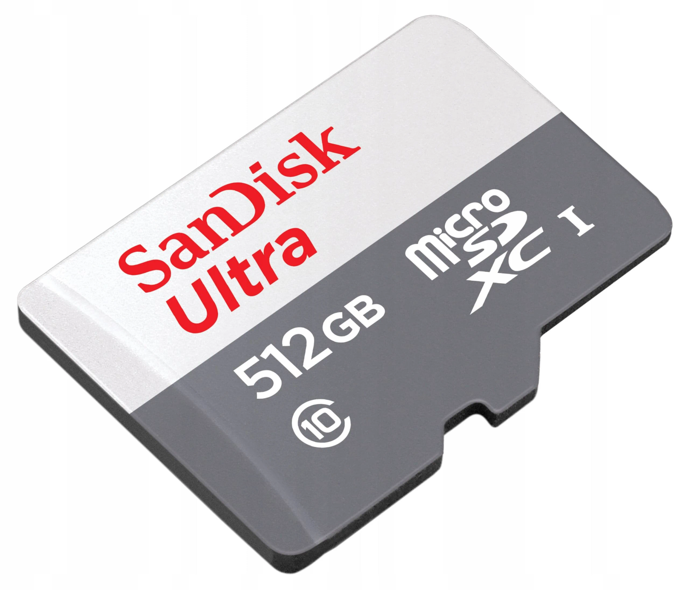 Biało-szara karta SD z czerwonym tekstem. Widnieje na niej Sandisk Ultra, 512GB i Micro SDXC I.