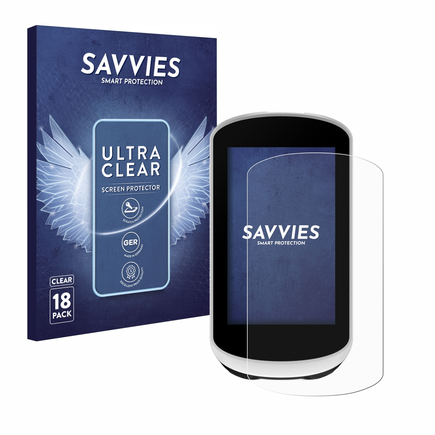 Displayschutzfolienverpackung, mit einer klaren Displayschutzfolie und einem Gerät. Blaue und weiße Box.