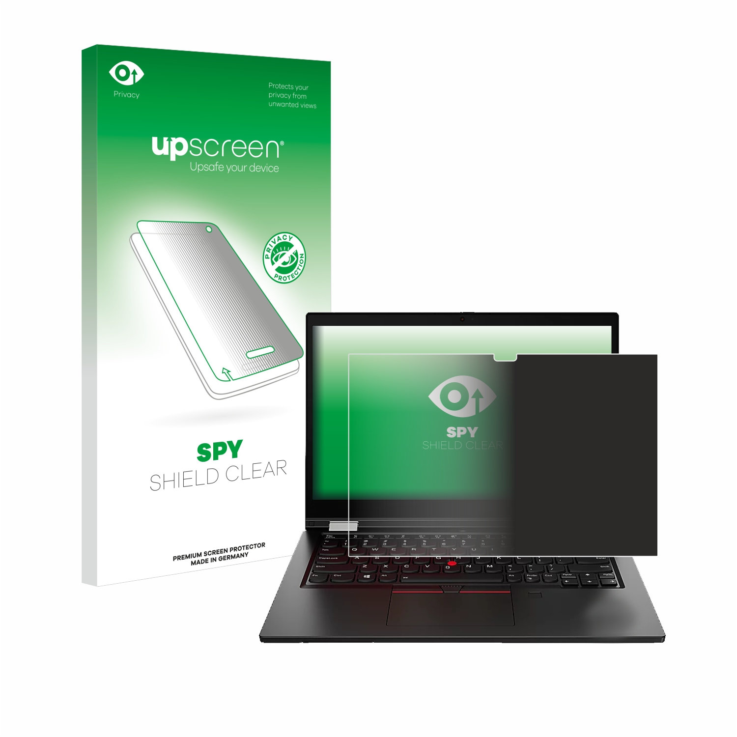 Laptop mit Sichtschutzfolie und Verpackung auf weißem Hintergrund. Der Bildschirm ist dunkel.