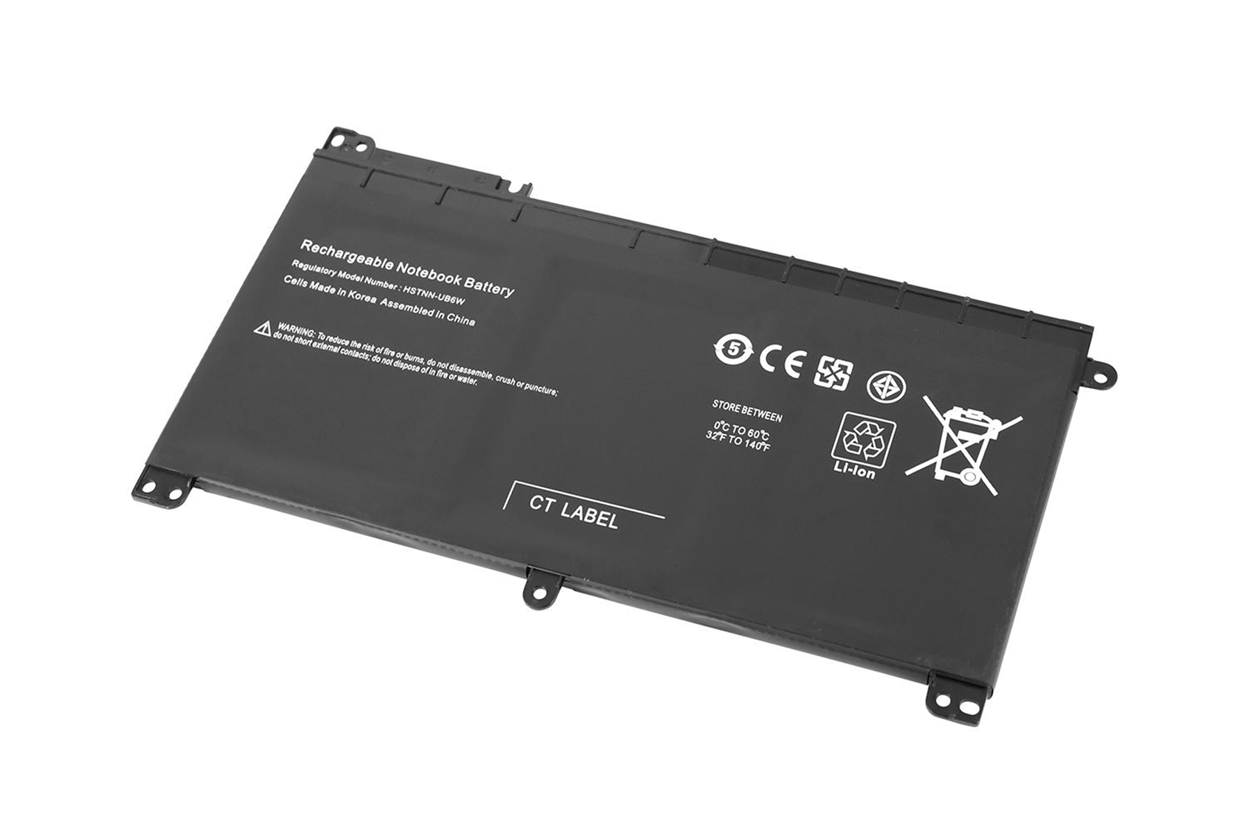 Una batteria per laptop nera con testo e simboli di avvertimento su sfondo bianco.