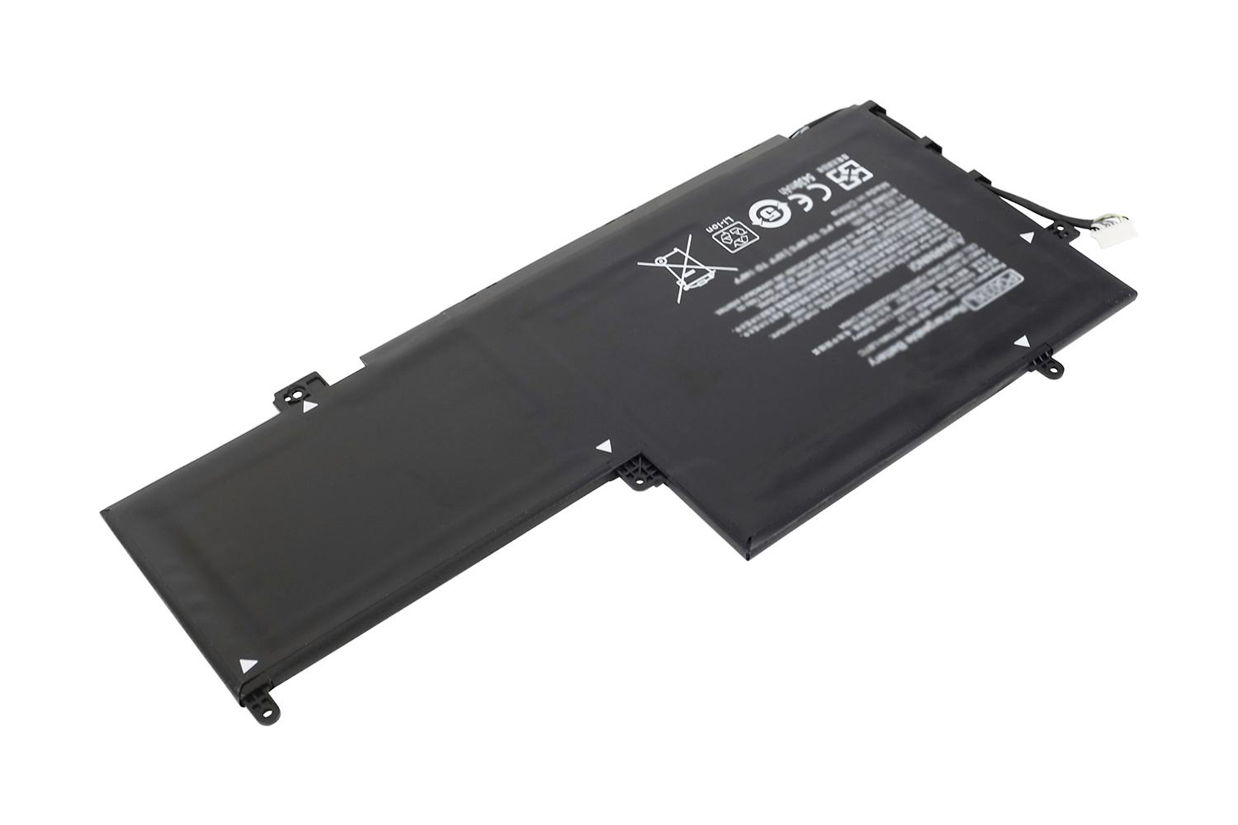 Schwarzer rechteckiger Laptop-Akku, mit Text und Komponenten sichtbar.