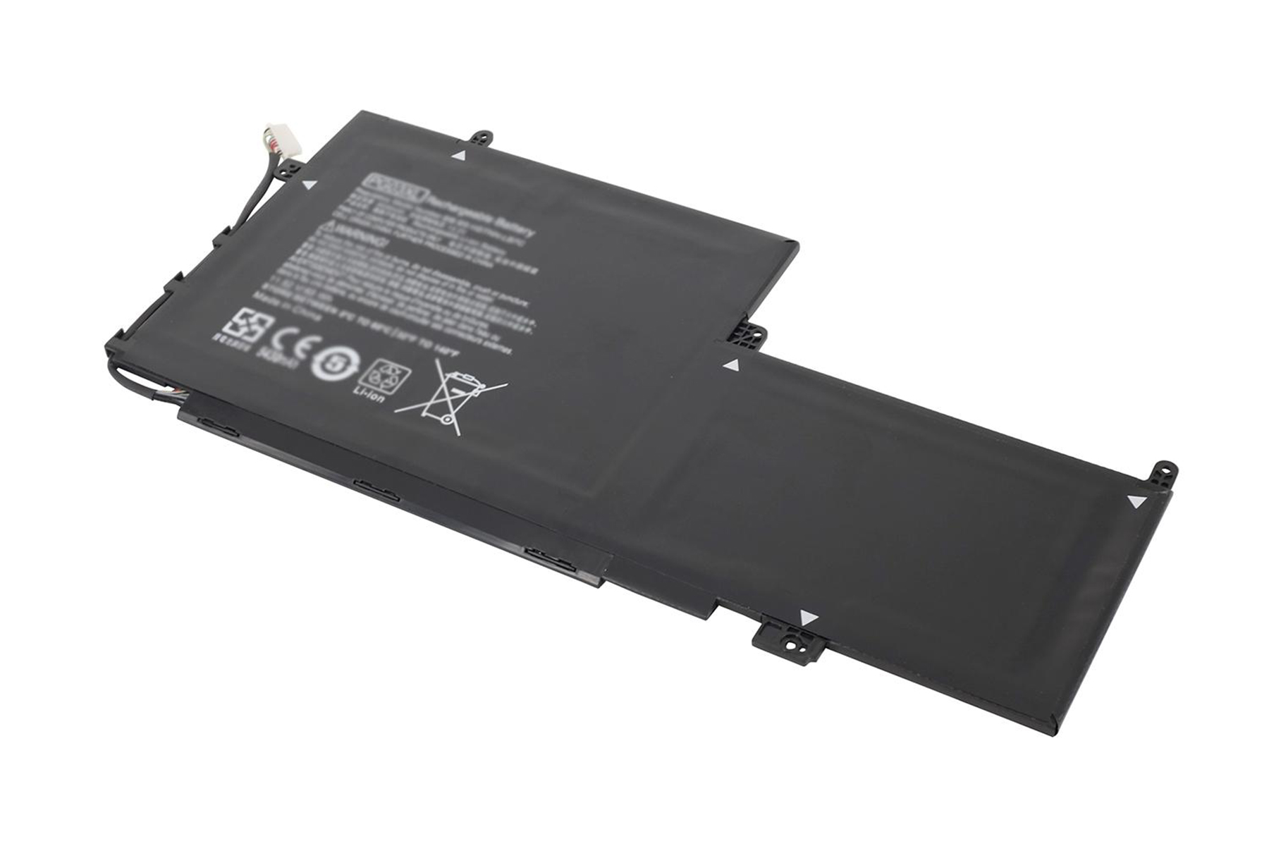 Ein schwarzer Laptop-Akku. Er ist rechteckig und trägt Informationen zur Batterie.