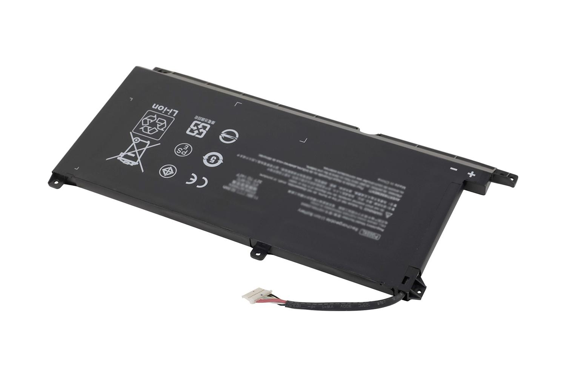 Batteria per laptop con connettore e colore nero su sfondo bianco.