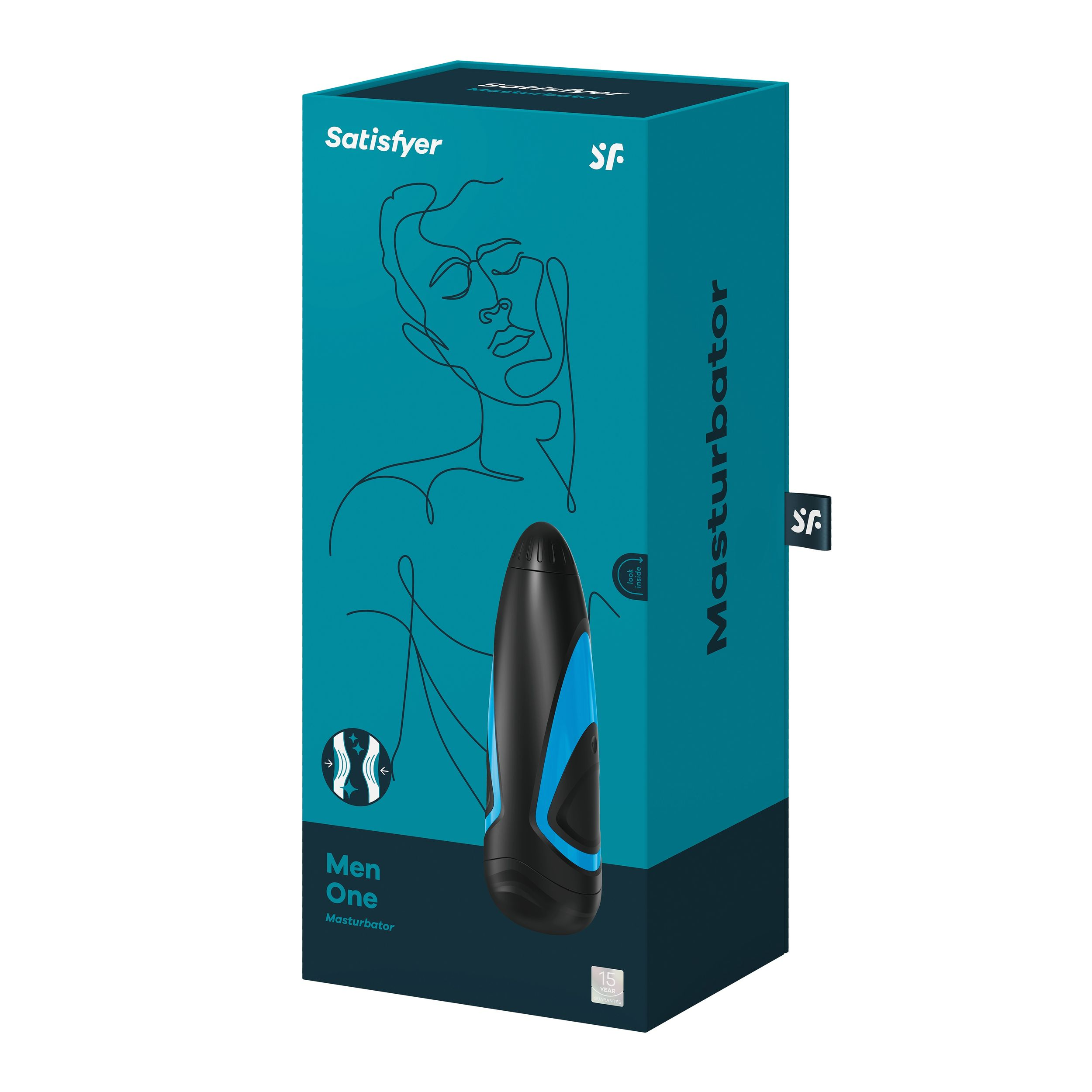 Pudełko z niebiesko-czarnym wibratorem. Napis: Satisfyer Men One.