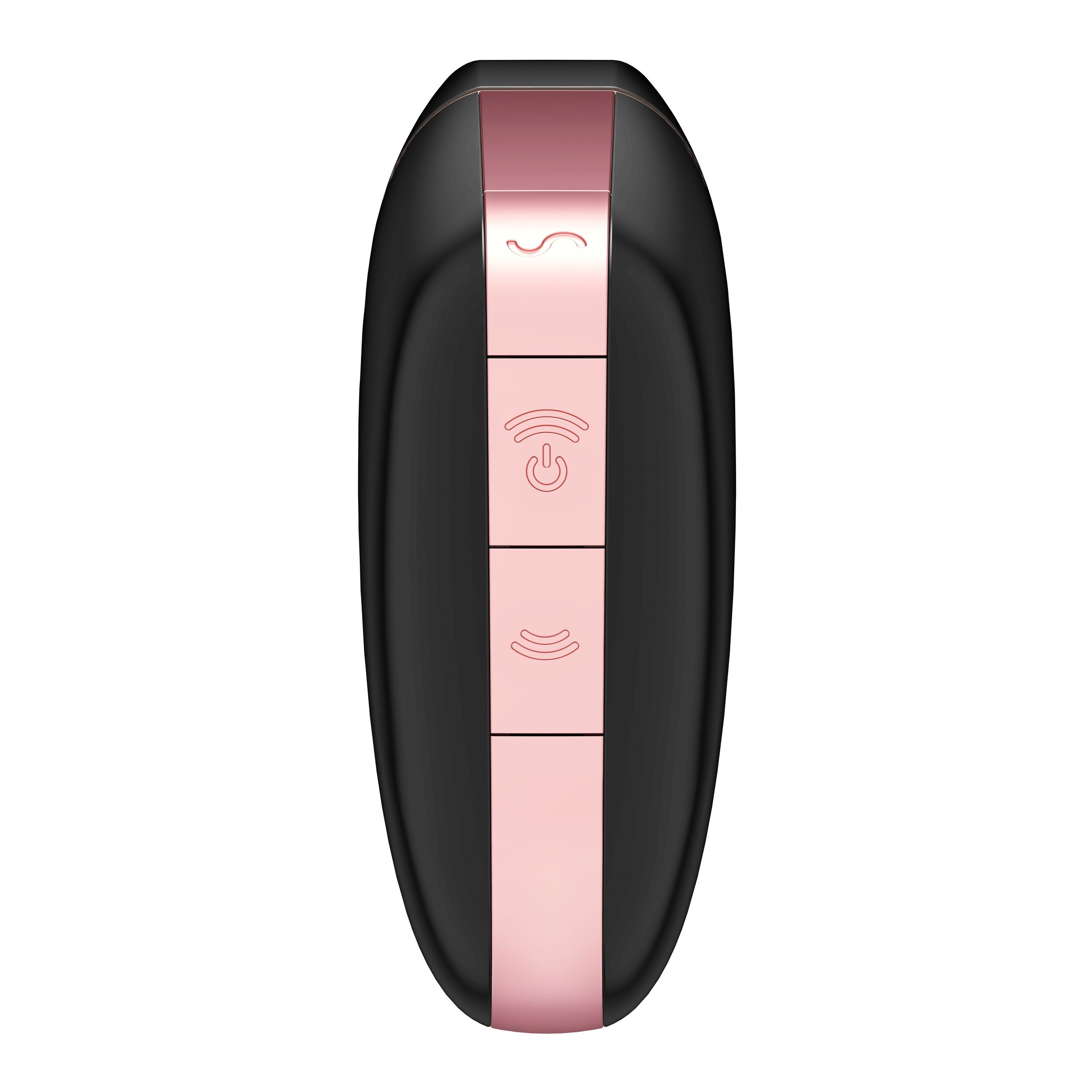 Czarny pilot w owalnym kształcie ze złotą wstęgą. Widoczne trzy przyciski z symbolami.