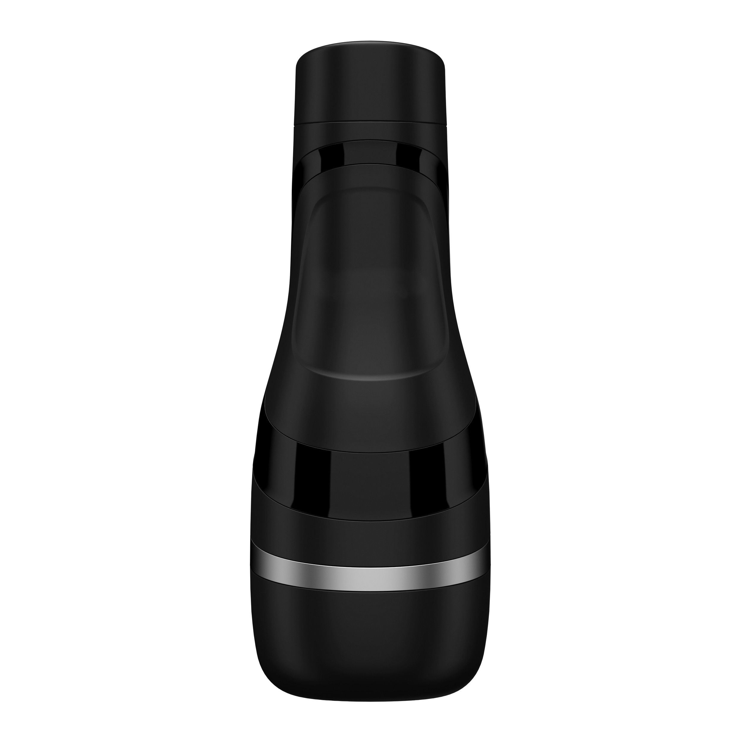 Czarny wibrator ze srebrną opaską, eleganckim designem i zaokrągloną podstawą. Stoi pionowo.